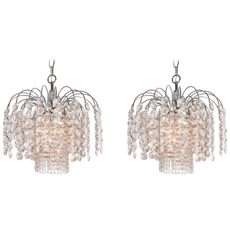 Pair of Crystal and Chrome Chandelier, Attributed to Swarovski, Austria For  Sale at 1stDibs
