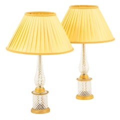Retro Pair of Crystal and Gilt Bronze Lamps, circa 1950