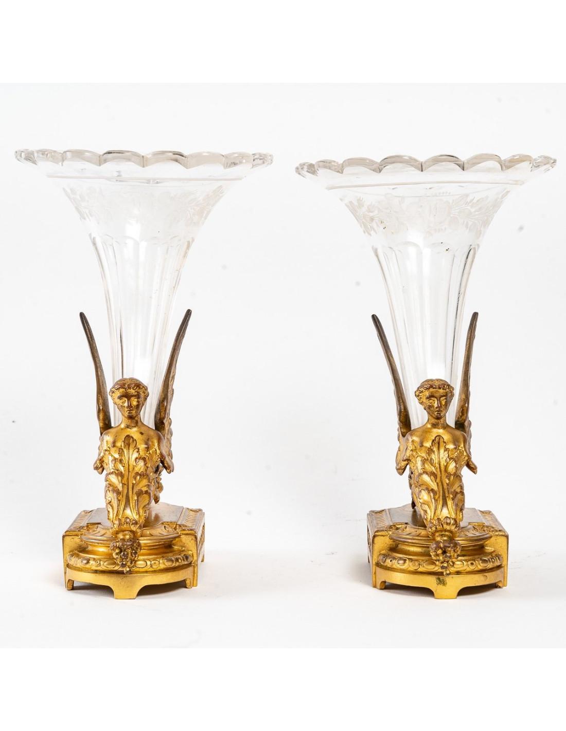 French Pair of Crystal and Gilt Bronze Vases, Empire Style