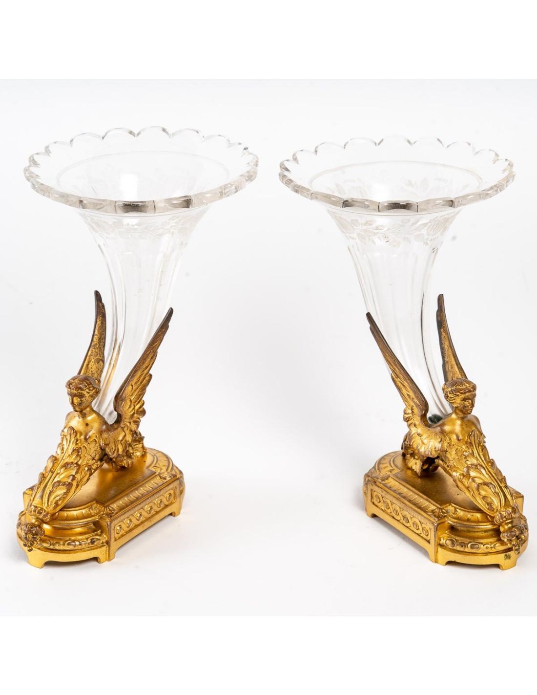 Pair of Crystal and Gilt Bronze Vases, Empire Style In Good Condition In Saint-Ouen, FR