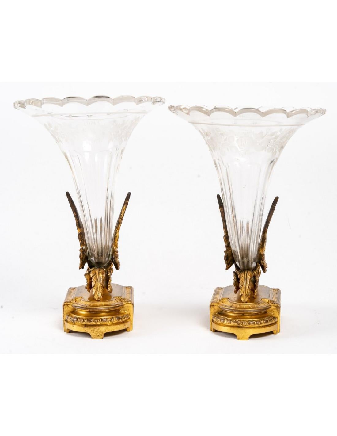 Pair of Crystal and Gilt Bronze Vases, Empire Style 1