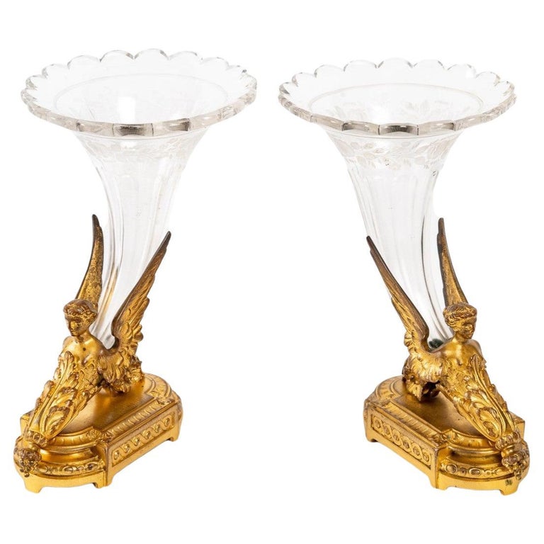 Pair of Crystal and Gilt Bronze Vases, Empire Style For Sale at 1stDibs