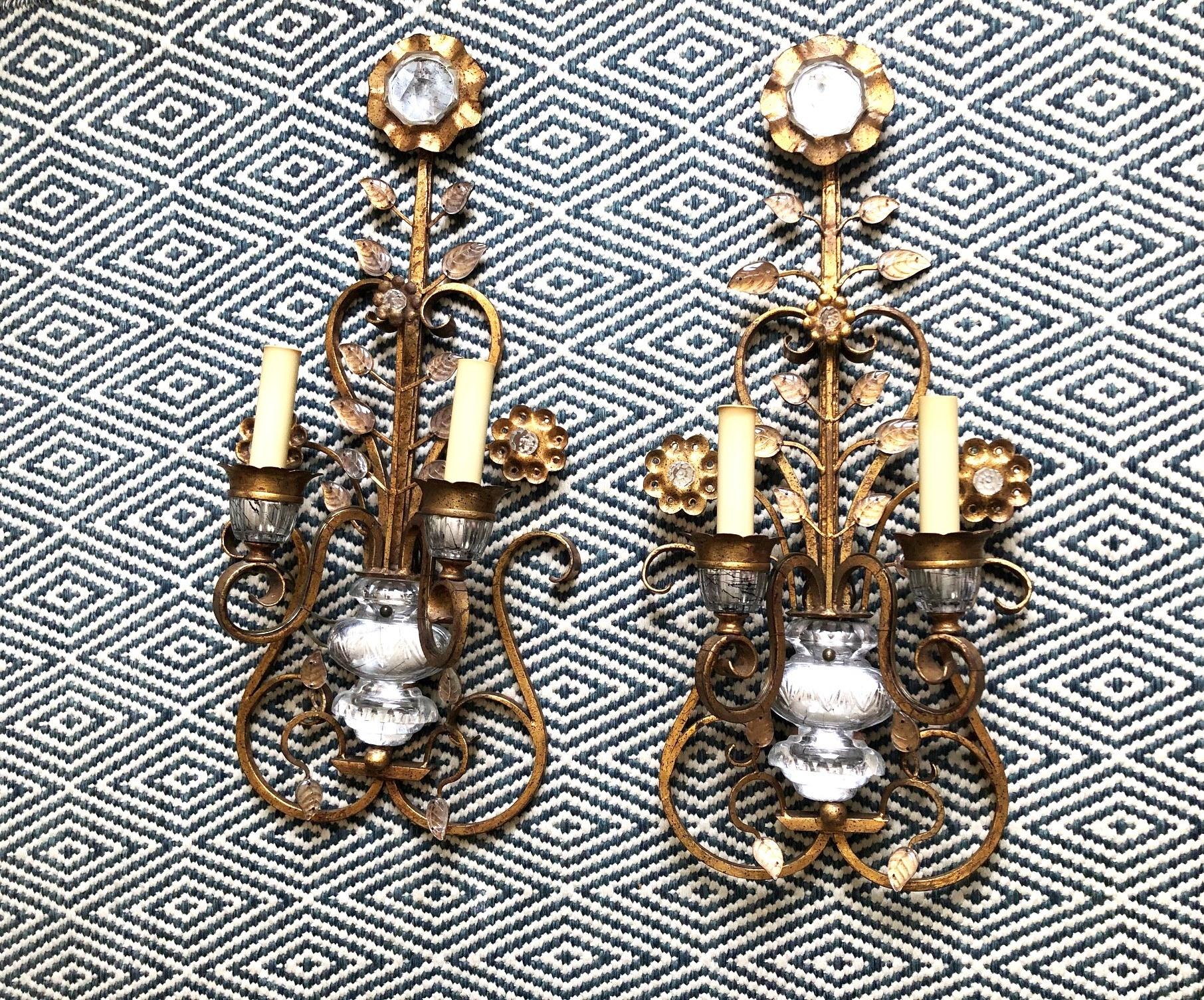 A Fine and highly Decorative pair of  tall Crystal and gilt iron Wall sconces by Giovanni Banci, Firenze - Italy, circa 1960’s, in the spirit of Baguès.
Each sconce w. 2 sockets / rewired

Creator:	Giovanni Banci (Maker)
Similar to:	Maison Baguès
