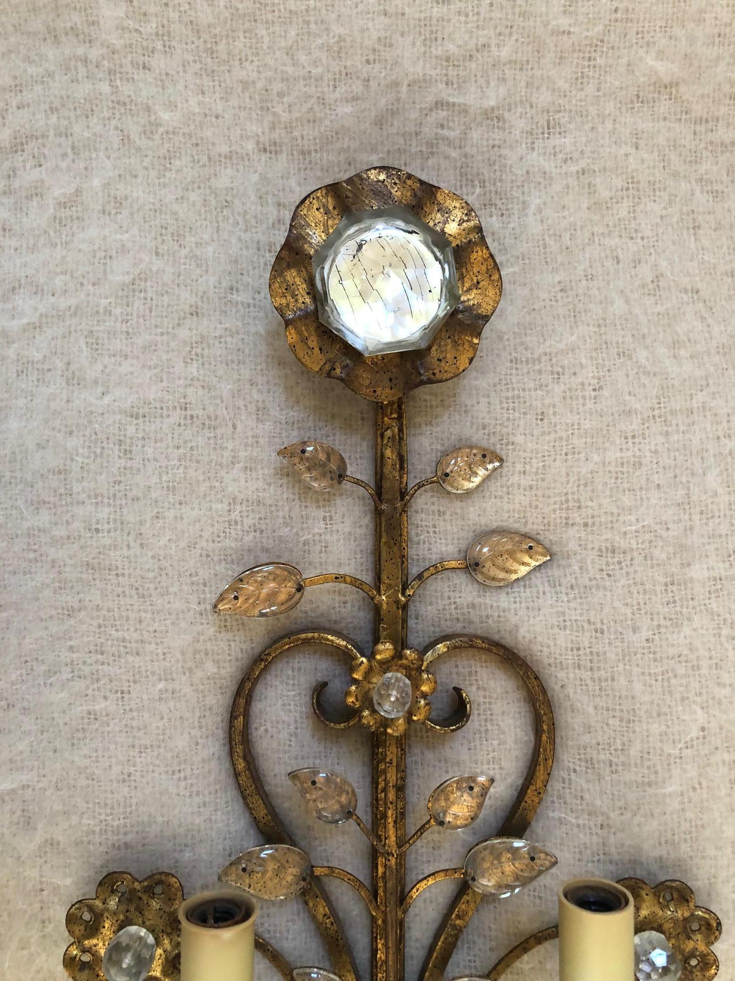 Art Deco Pair of Crystal and gilt iron Italian Sconces by G. Banci For Sale