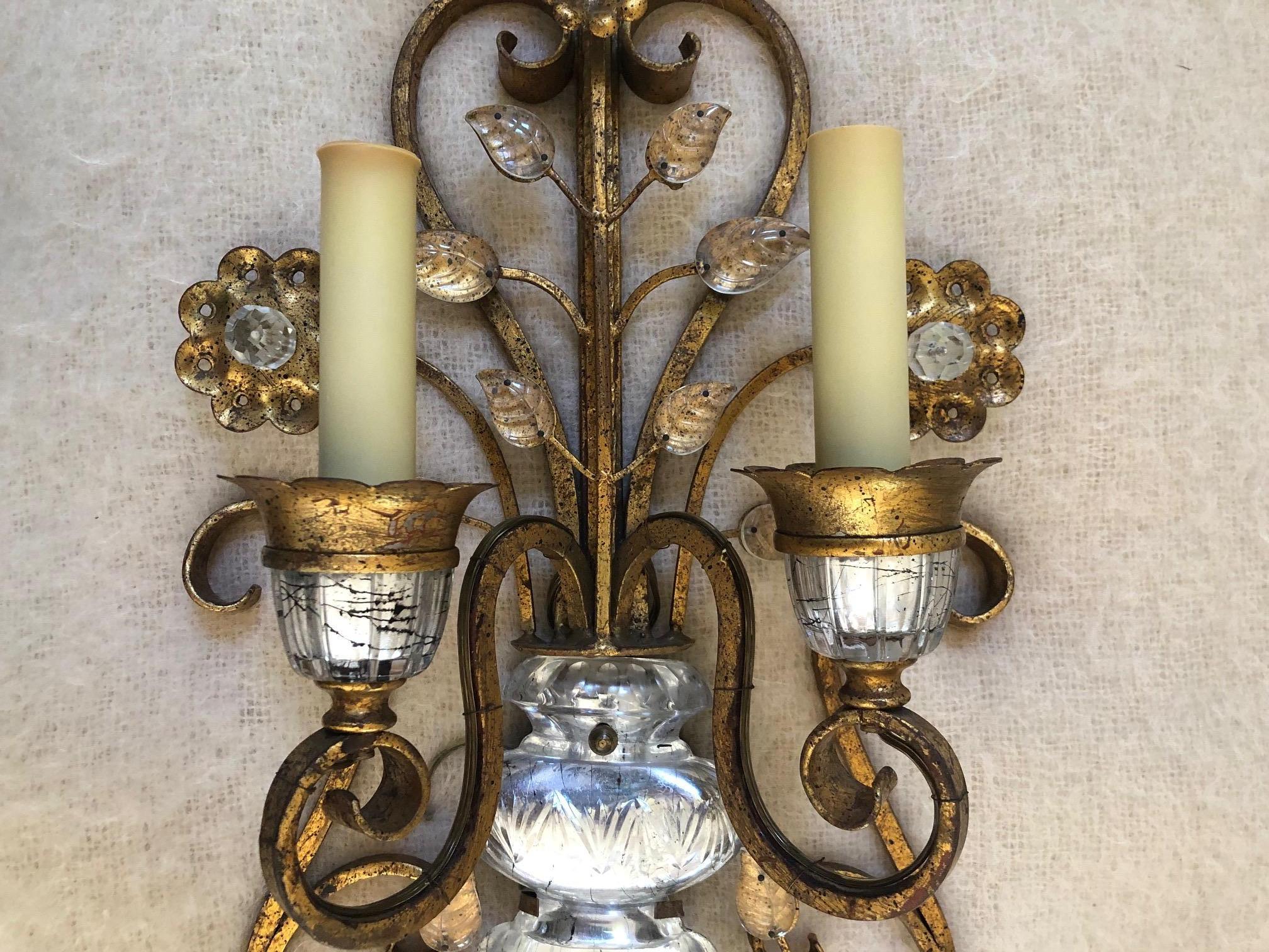 Gilt Pair of Crystal and gilt iron Italian Sconces by G. Banci For Sale