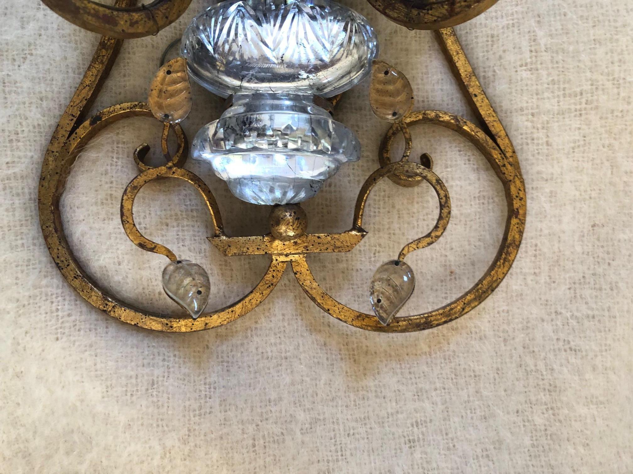 Pair of Crystal and gilt iron Italian Sconces by G. Banci In Excellent Condition For Sale In Greenwich, CT