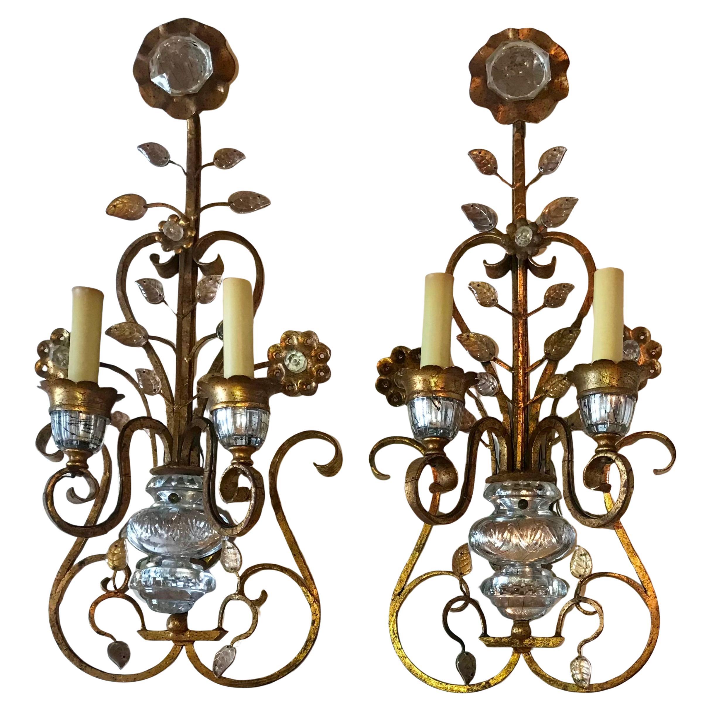Pair of Crystal and gilt iron Italian Sconces by G. Banci For Sale