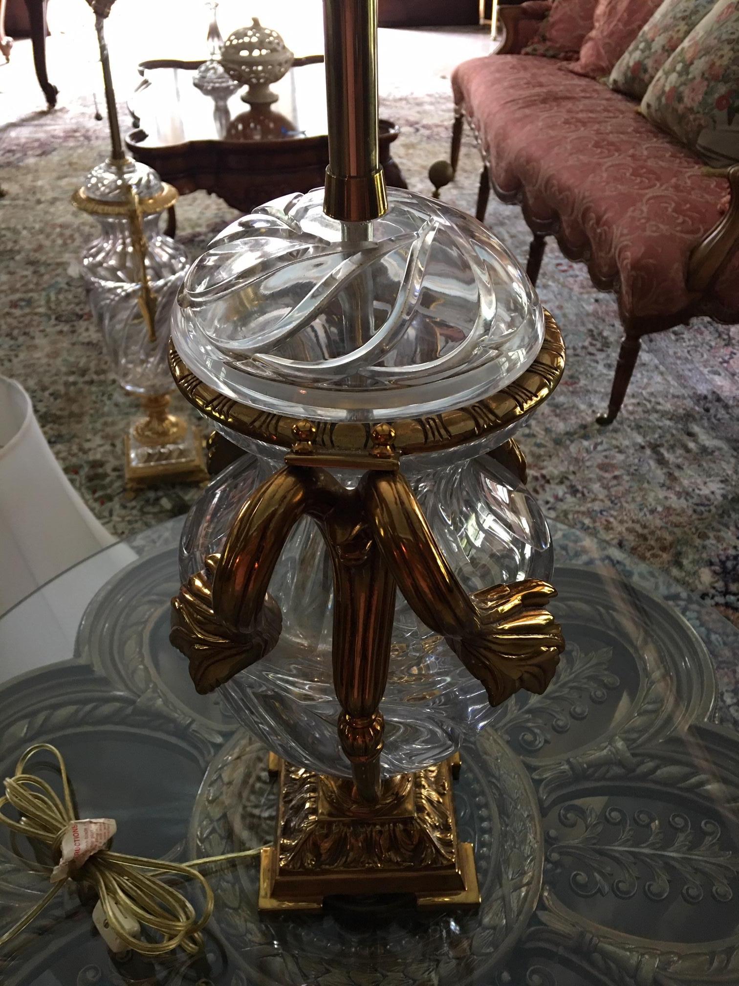 Pair of Crystal and Gold Washed over Brass Lamps, 20th Century 2