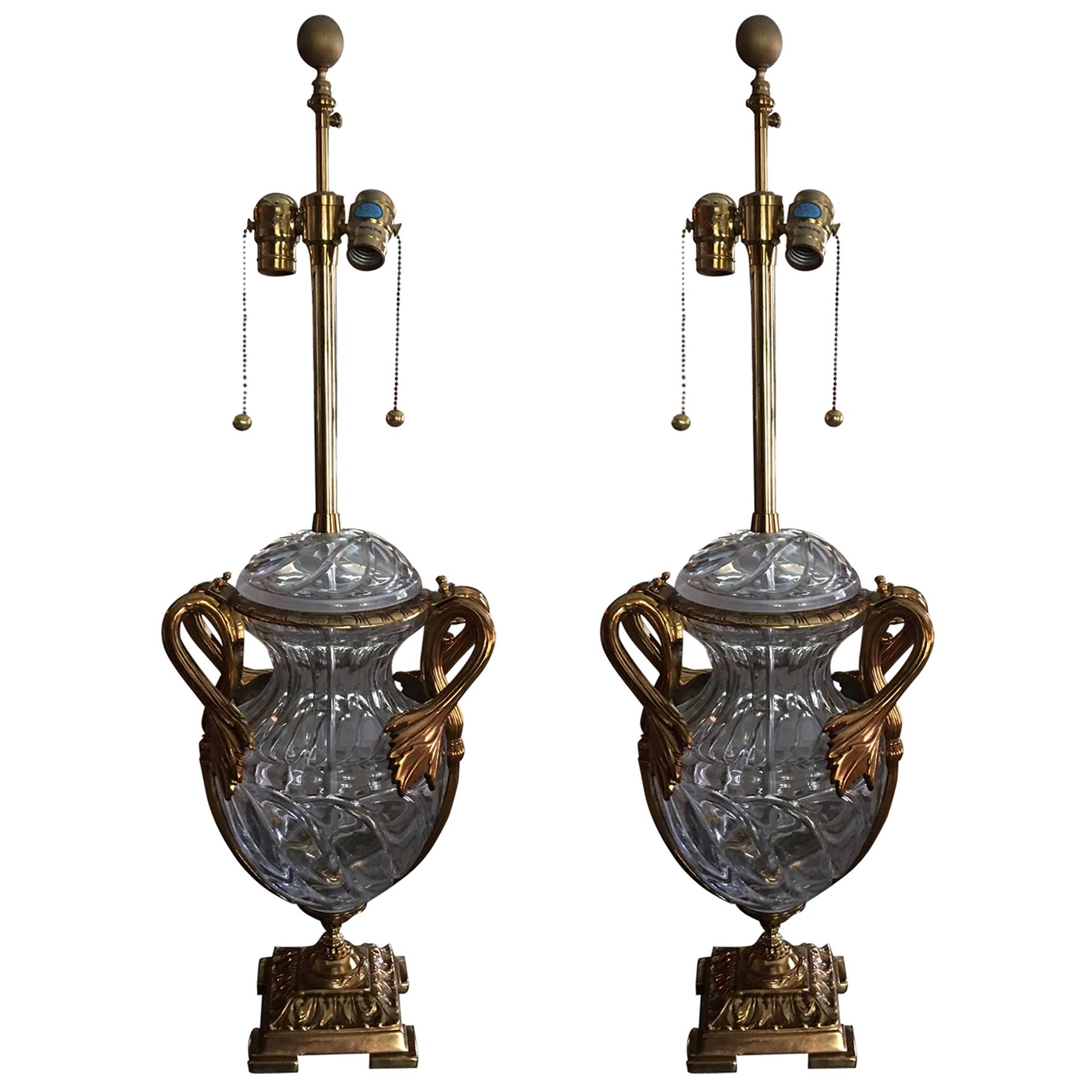 Pair of Crystal and Gold Washed over Brass Lamps, 20th Century