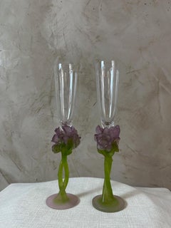 Coppia di bicchieri da champagne in cristallo e paté de verre di Daum