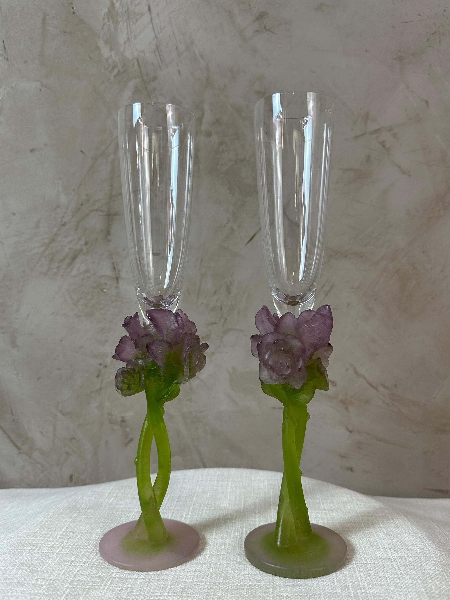 French Pair of Crystal and Pate de verre Champagne Glasses by Daum