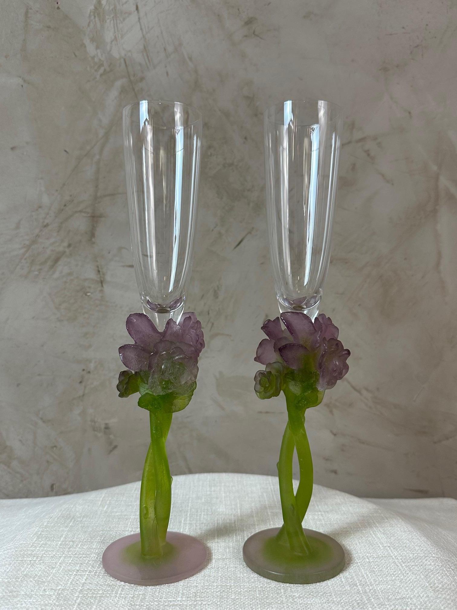 Pair of Crystal and Pate de verre Champagne Glasses by Daum In Good Condition In LEGNY, FR