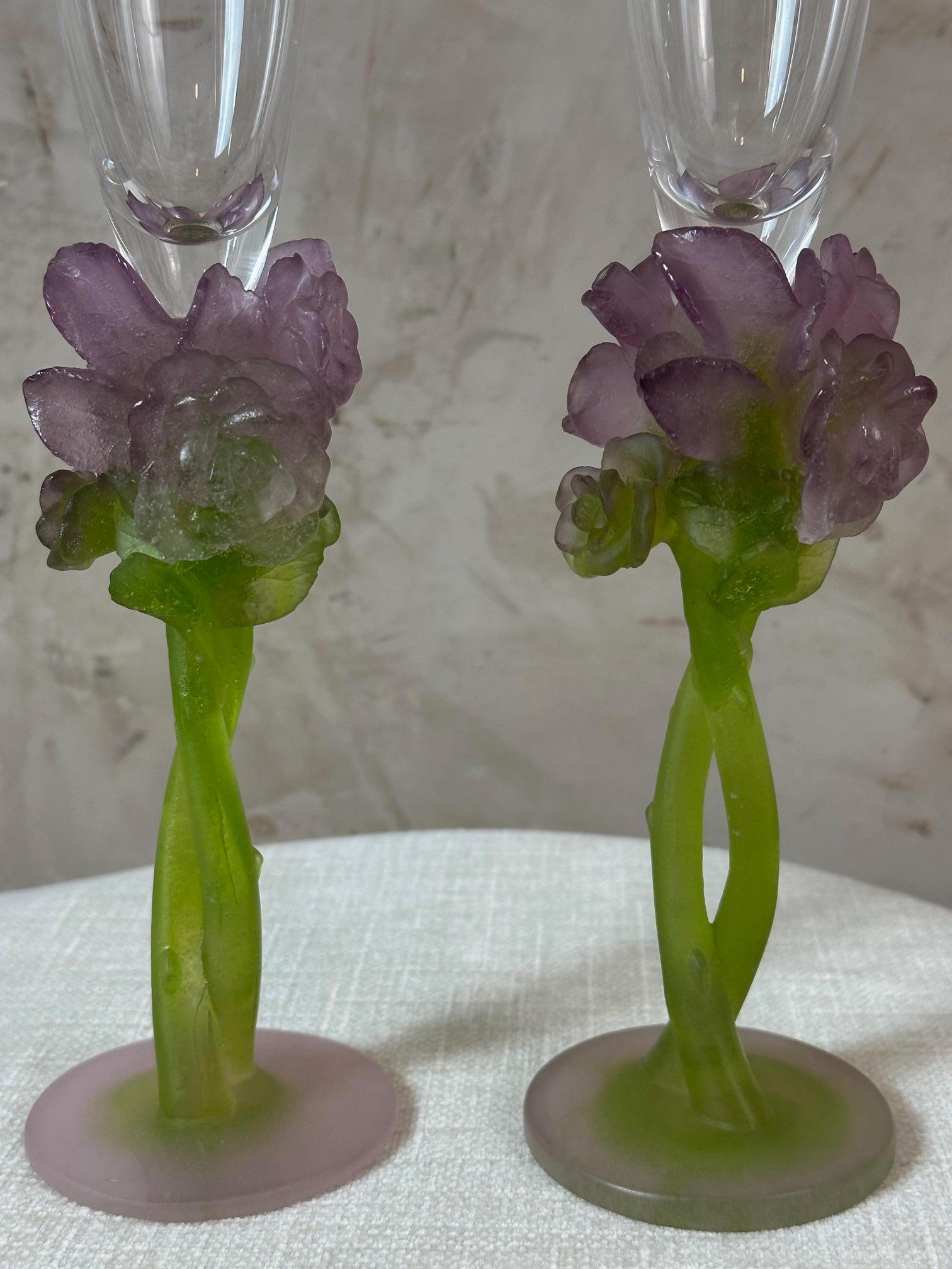 Contemporary Pair of Crystal and Pate de verre Champagne Glasses by Daum