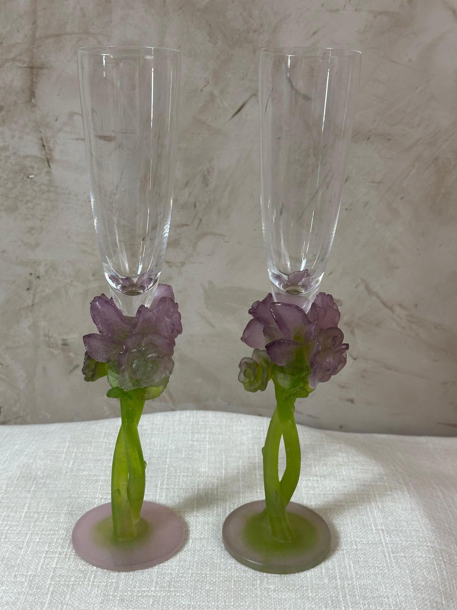 Pair of Crystal and Pate de verre Champagne Glasses by Daum 3