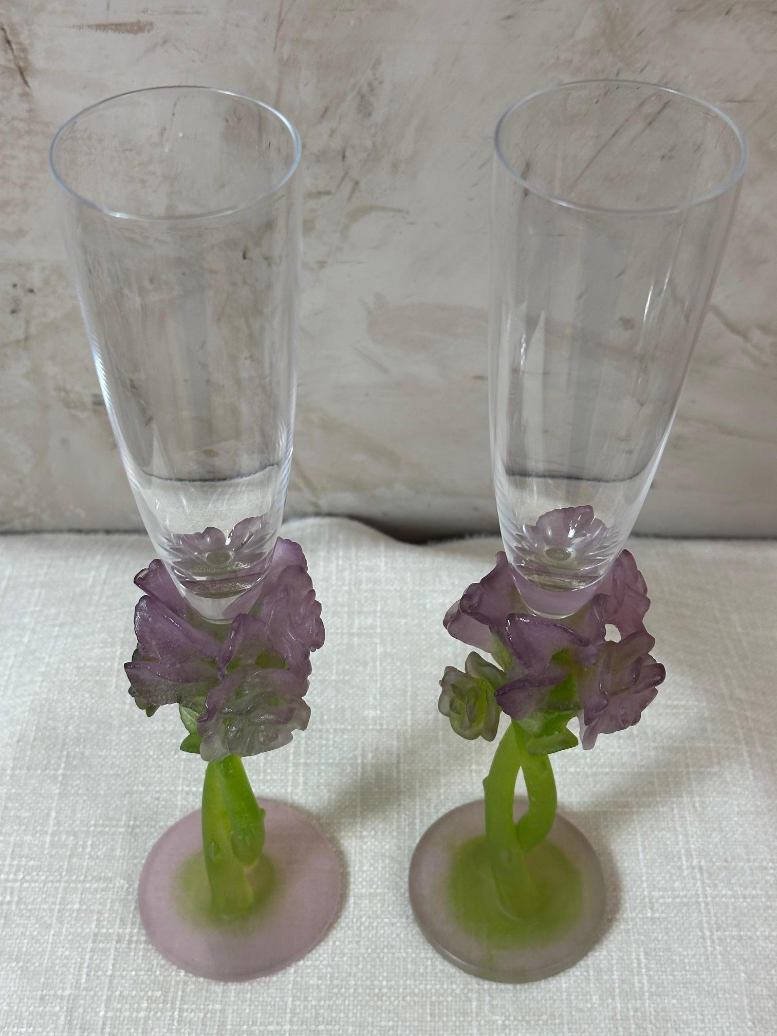 Pair of Crystal and Pate de verre Champagne Glasses by Daum 4