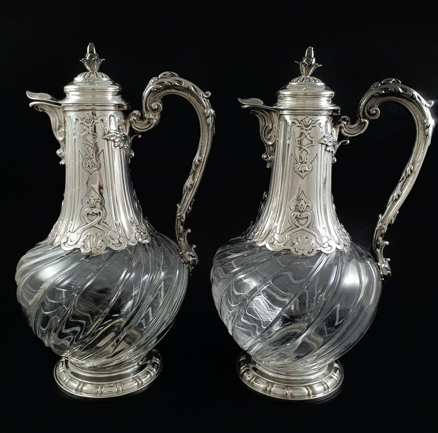 French Pair of Crystal and Sterling Silver Ewers 19th Century For Sale