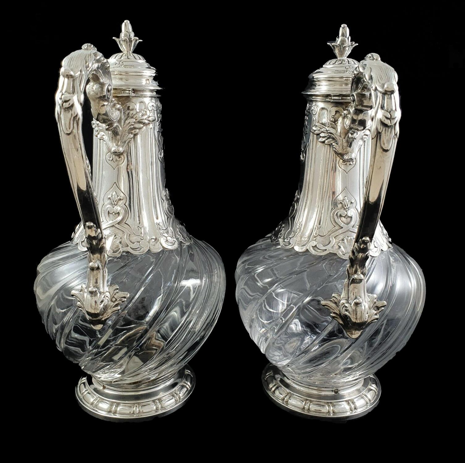 Pair of Crystal and Sterling Silver Ewers 19th Century In Good Condition For Sale In Paris, FR