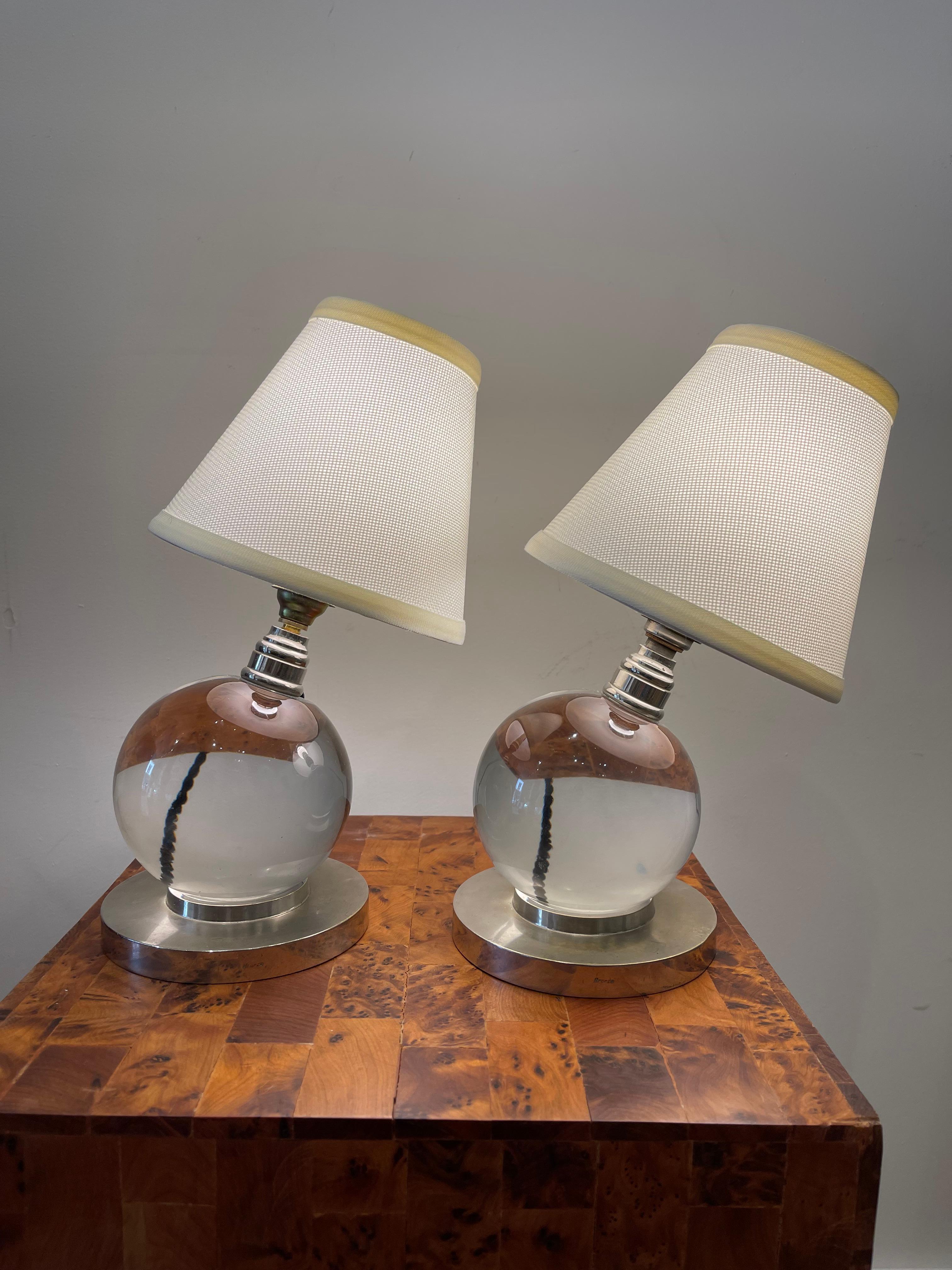 Art Deco Pair of crystal ball lamps, Jacques ADNET (1900-1984) for BACCARAT, Art Déco
