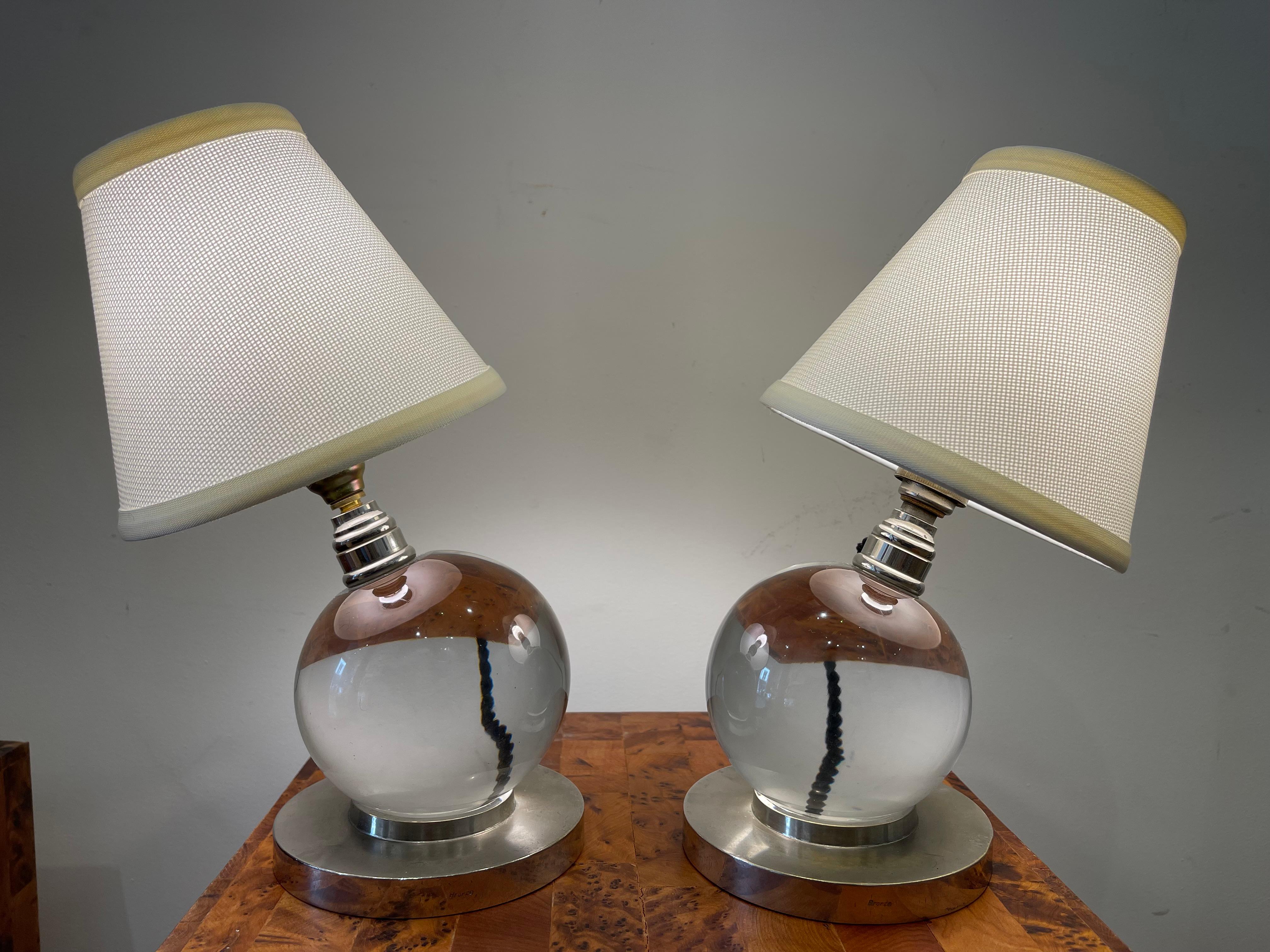 French Pair of crystal ball lamps, Jacques ADNET (1900-1984) for BACCARAT, Art Déco
