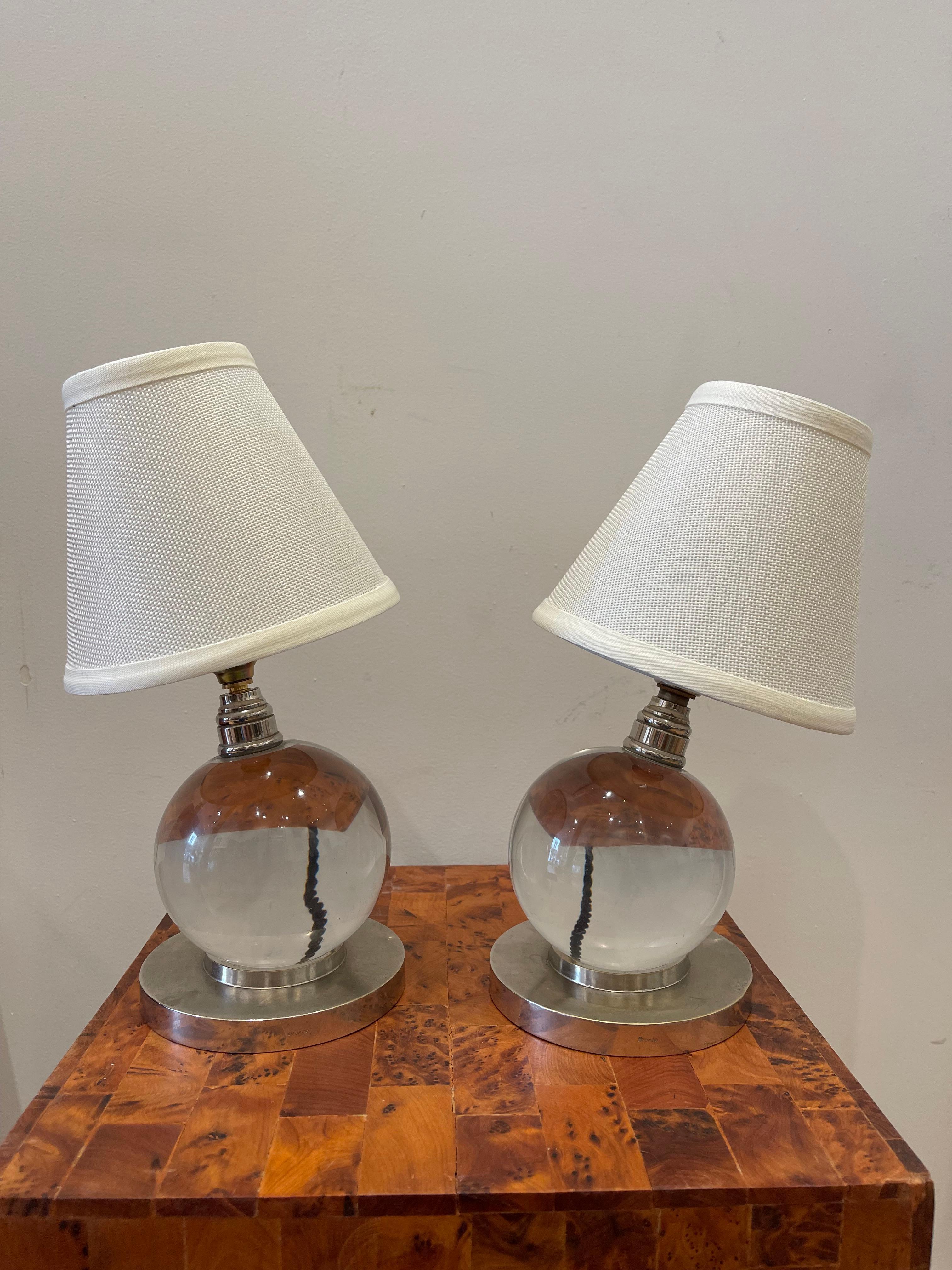 Mid-20th Century Pair of crystal ball lamps, Jacques ADNET (1900-1984) for BACCARAT, Art Déco