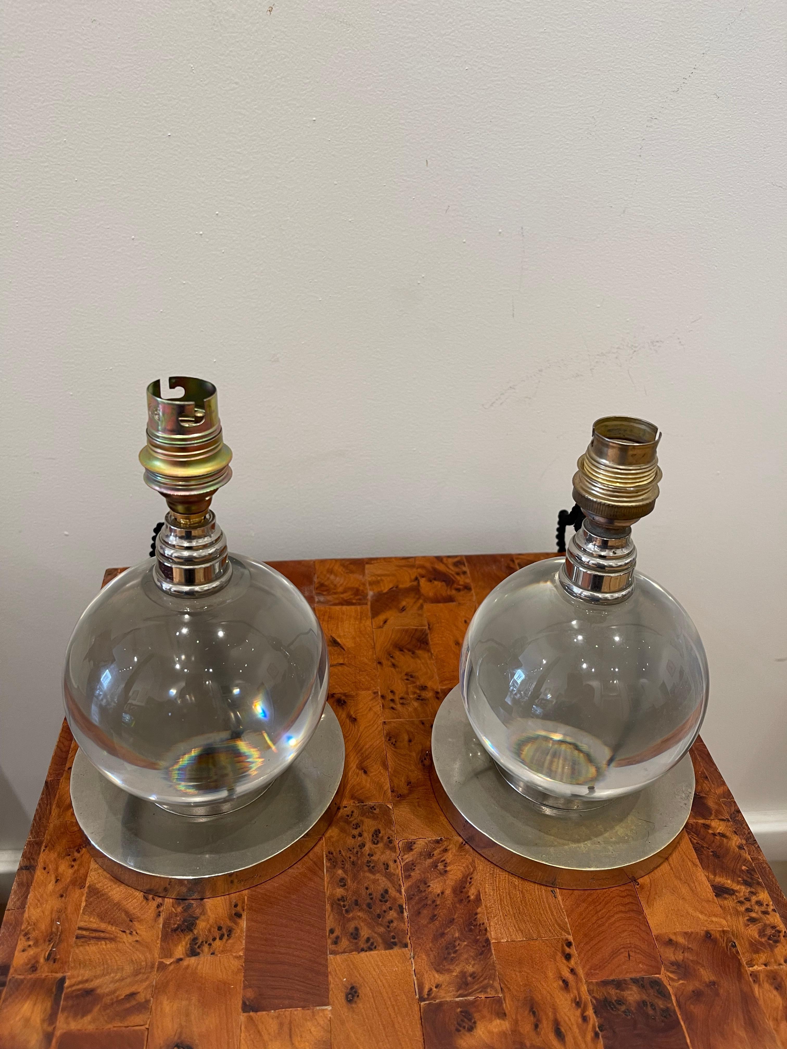 Bronze Pair of crystal ball lamps, Jacques ADNET (1900-1984) for BACCARAT, Art Déco