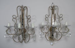 Pair of Crystal Beaded 3-Light Mirrored Sconces