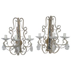 Pair of Crystal Beaded 3-Light Mirrored Sconces