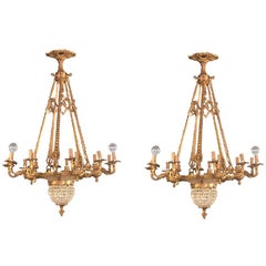 Pair of Crystal Beaded and Dore Bronze Louis XVI Style Chandeliers