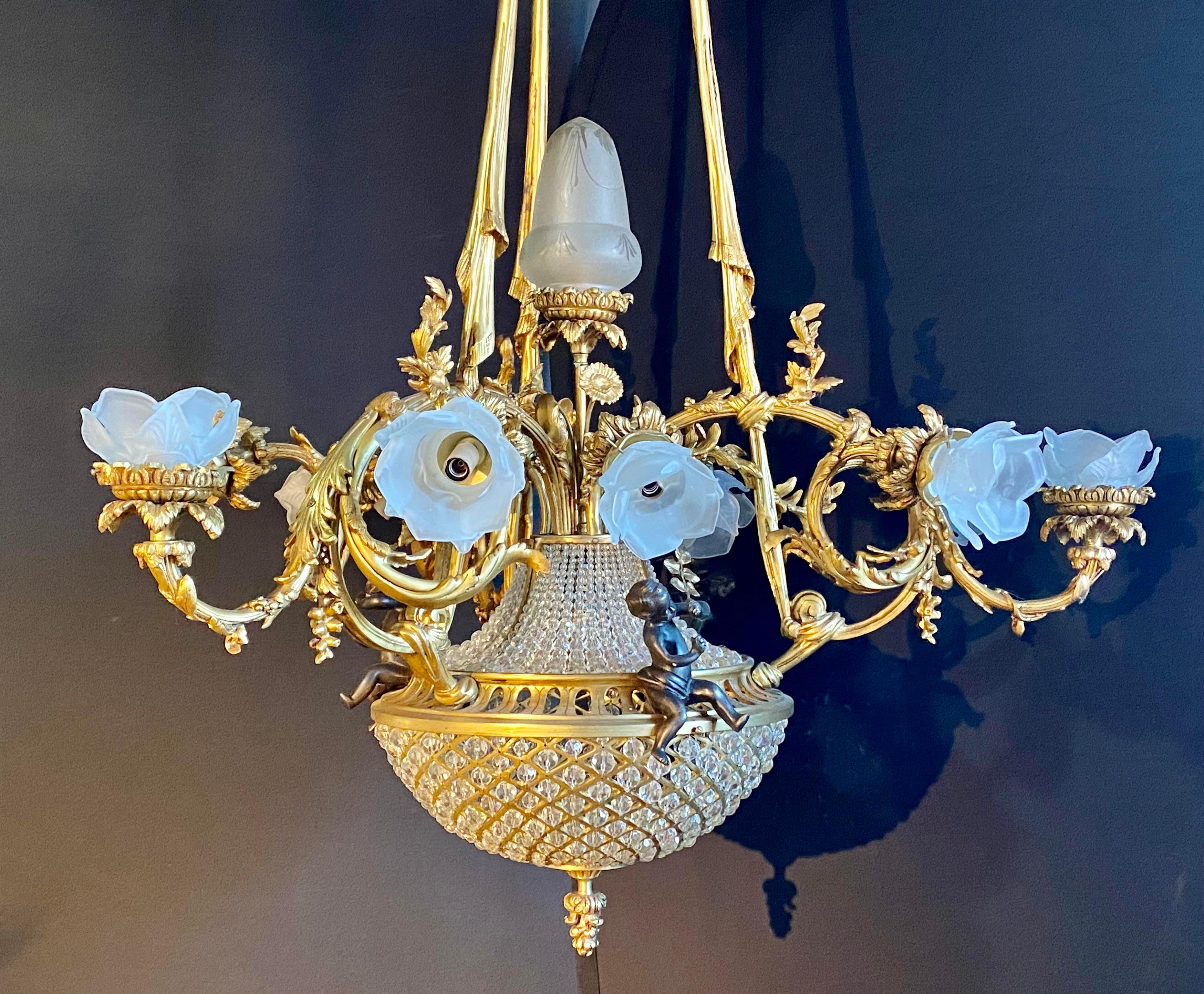 Louis XVI Pair of Crystal Beaded Globe Dore and Patinated Bronze Cherub Form 15-Light