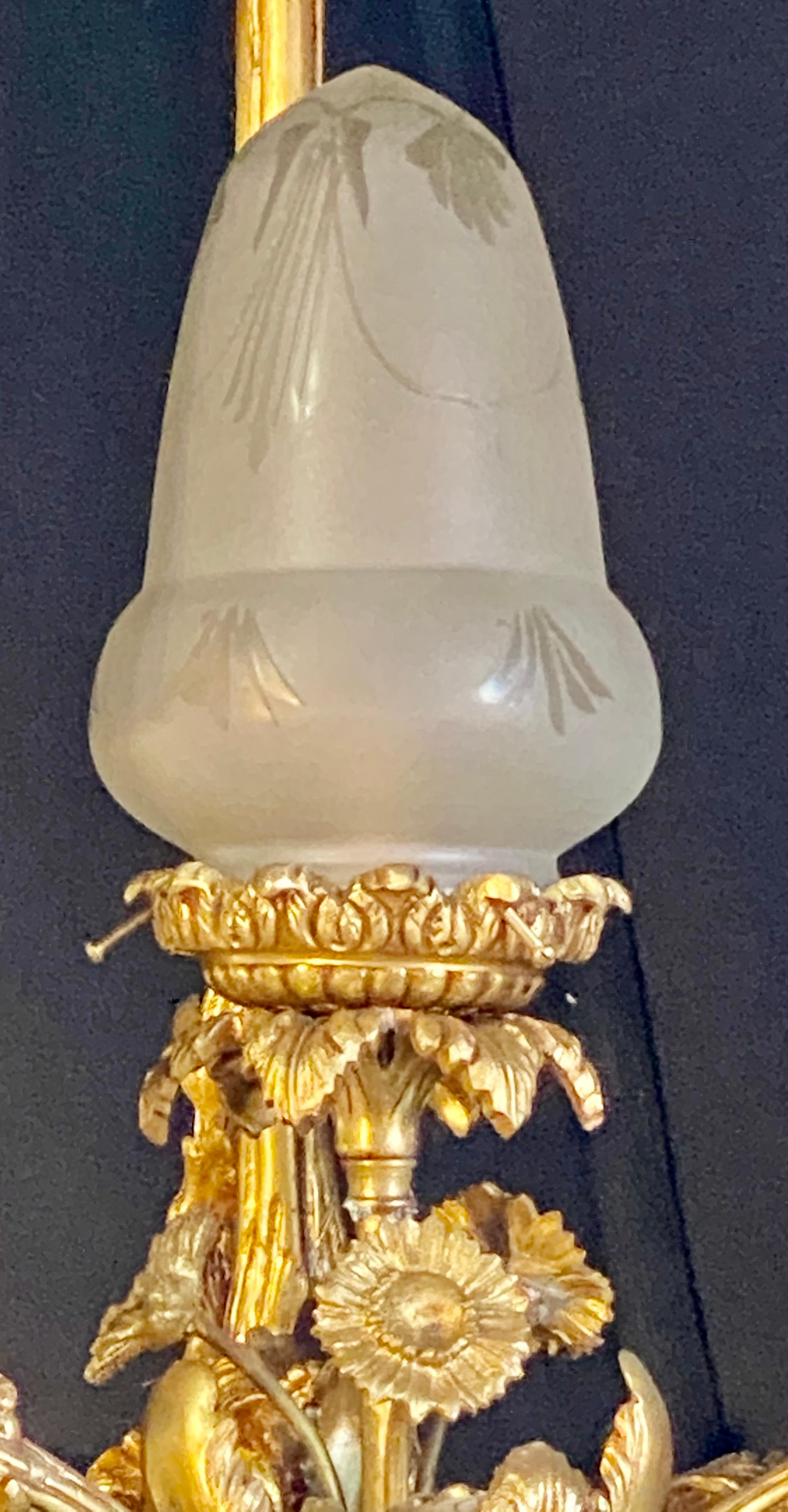 Pair of Crystal Beaded Globe Dore and Patinated Bronze Cherub Form 15-Light 3