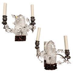 Antique Pair of Crystal Bird Sconces