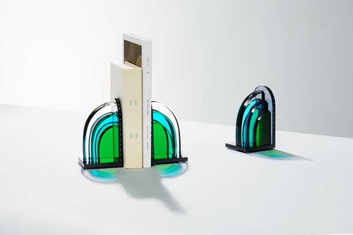 Danish Pair of Crystal Book Ends, Hand-Sculpted Contemporary Crystal