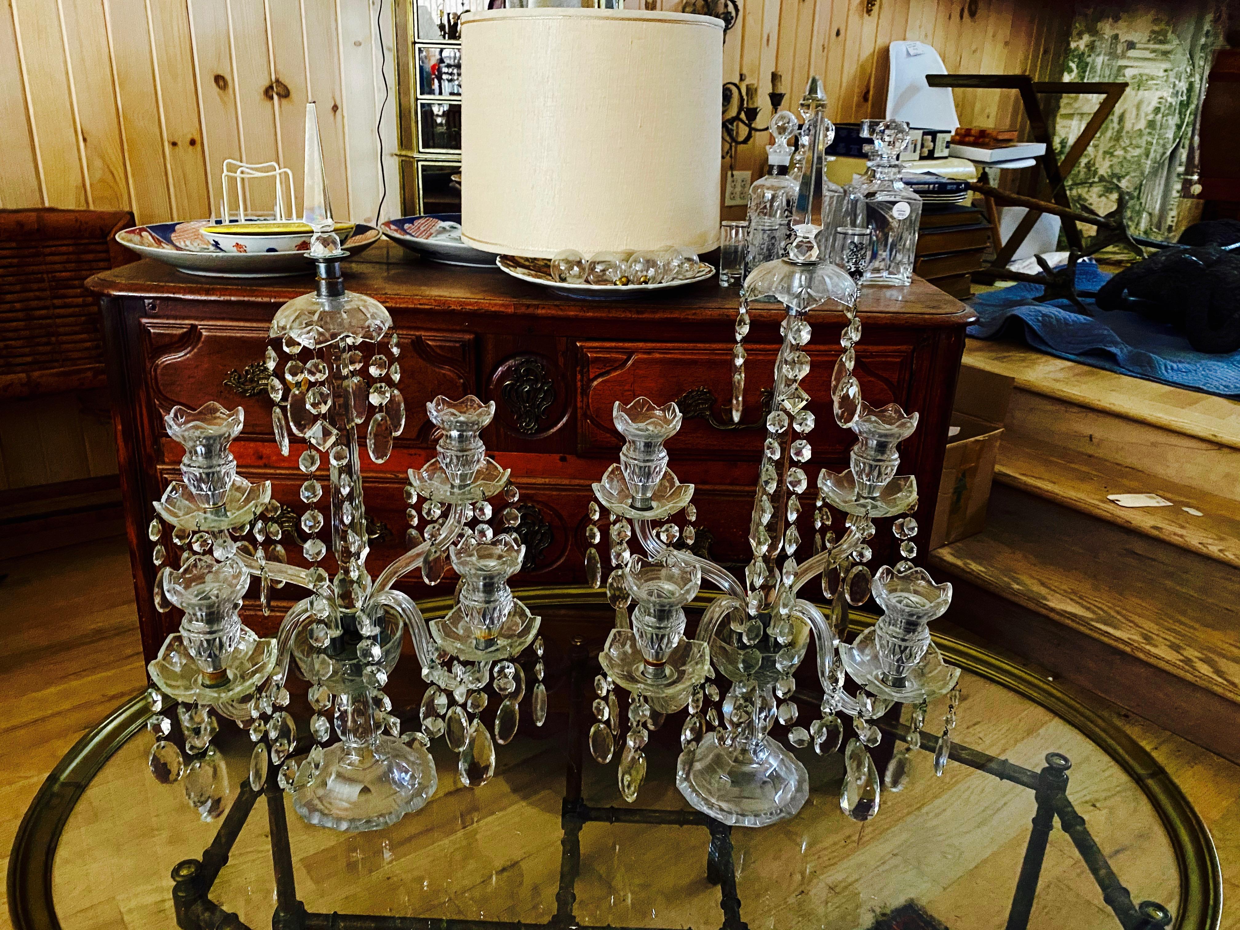 Pair of Irish Geo III Style Crystal Candelabras, Beautifully Handcut In Excellent Condition For Sale In Buchanan, MI