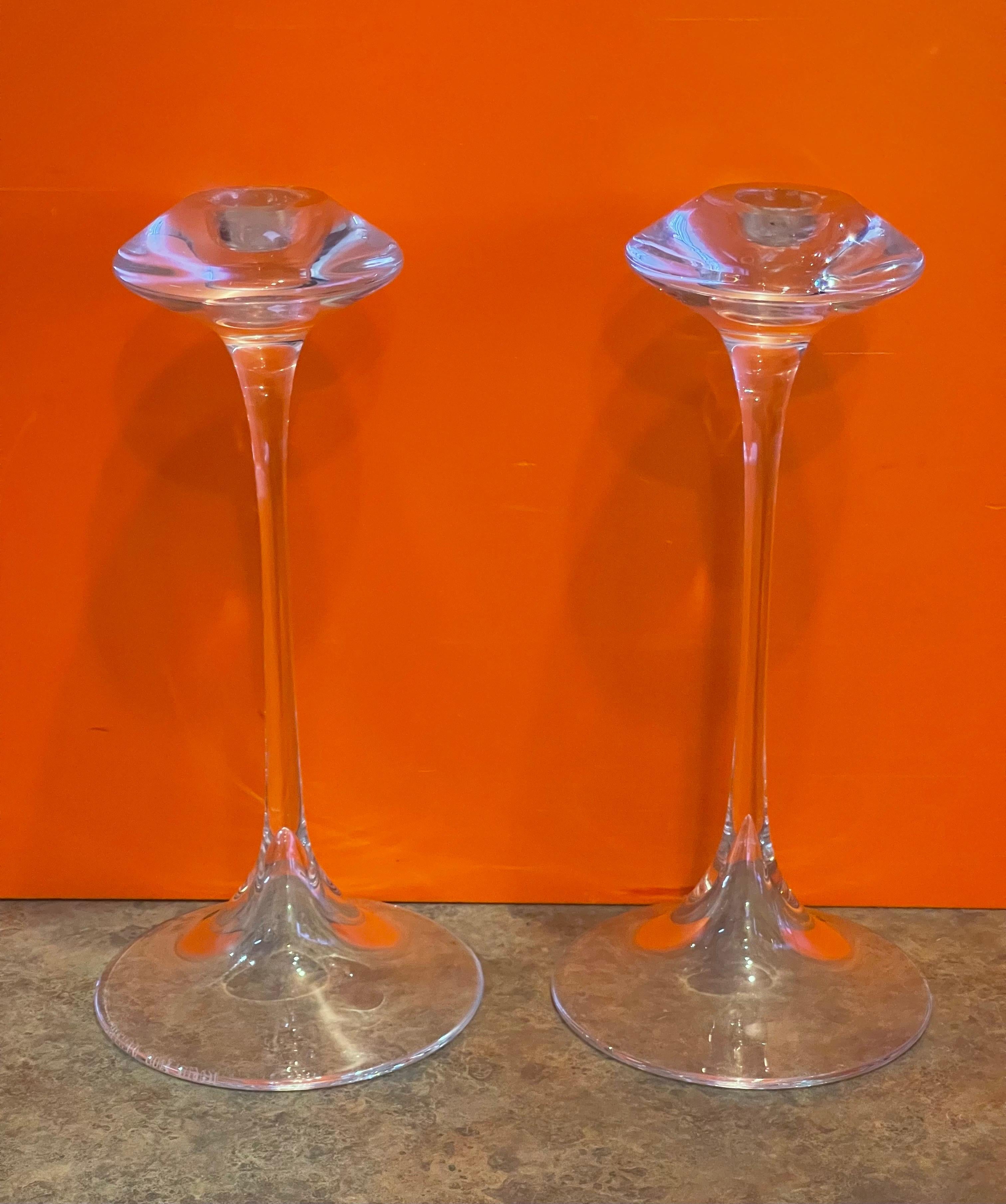 Swedish Pair of Crystal Candle Holders by Kjell Engman for Kosta Boda Sweden For Sale