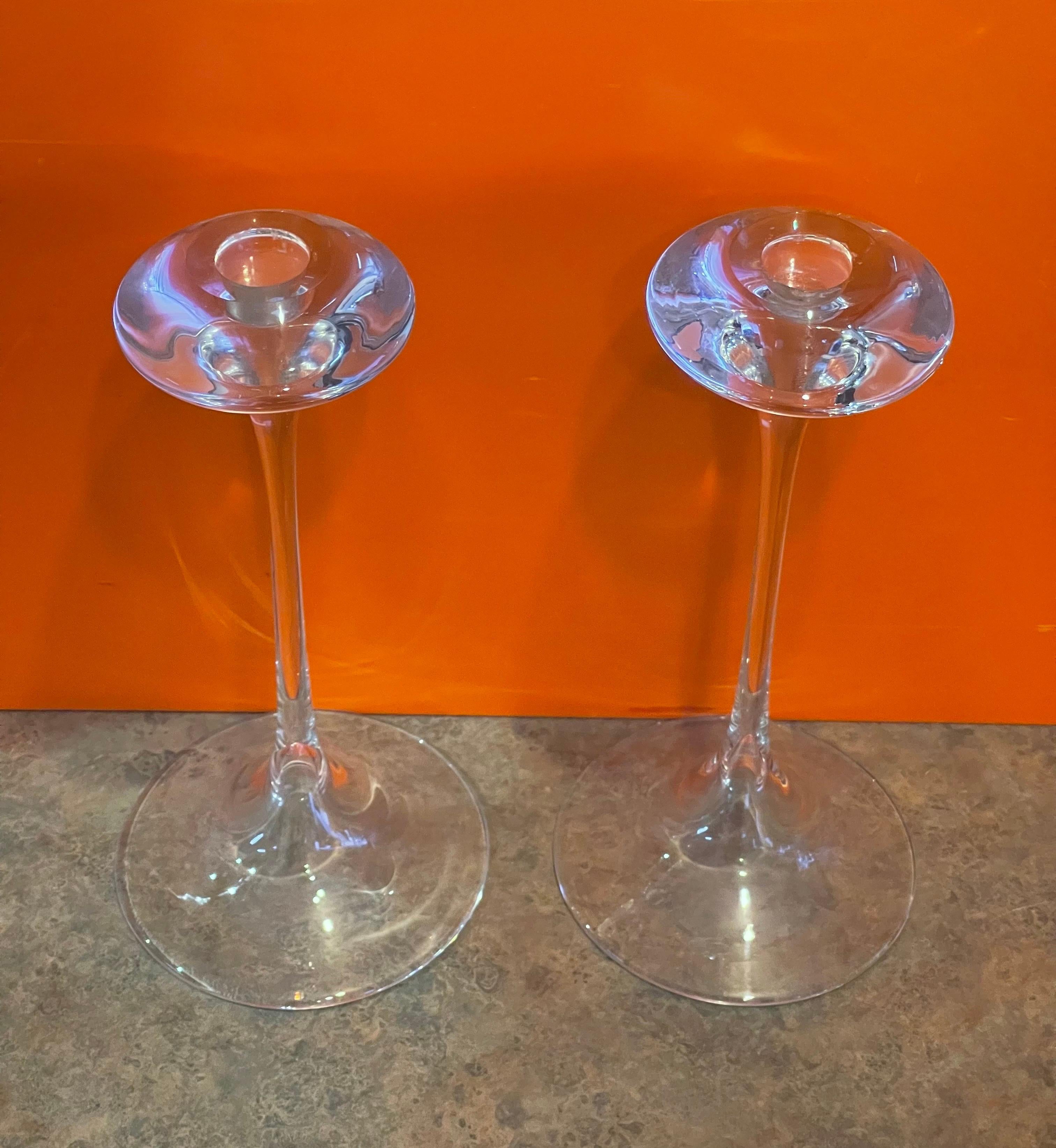 Hand-Crafted Pair of Crystal Candle Holders by Kjell Engman for Kosta Boda Sweden For Sale