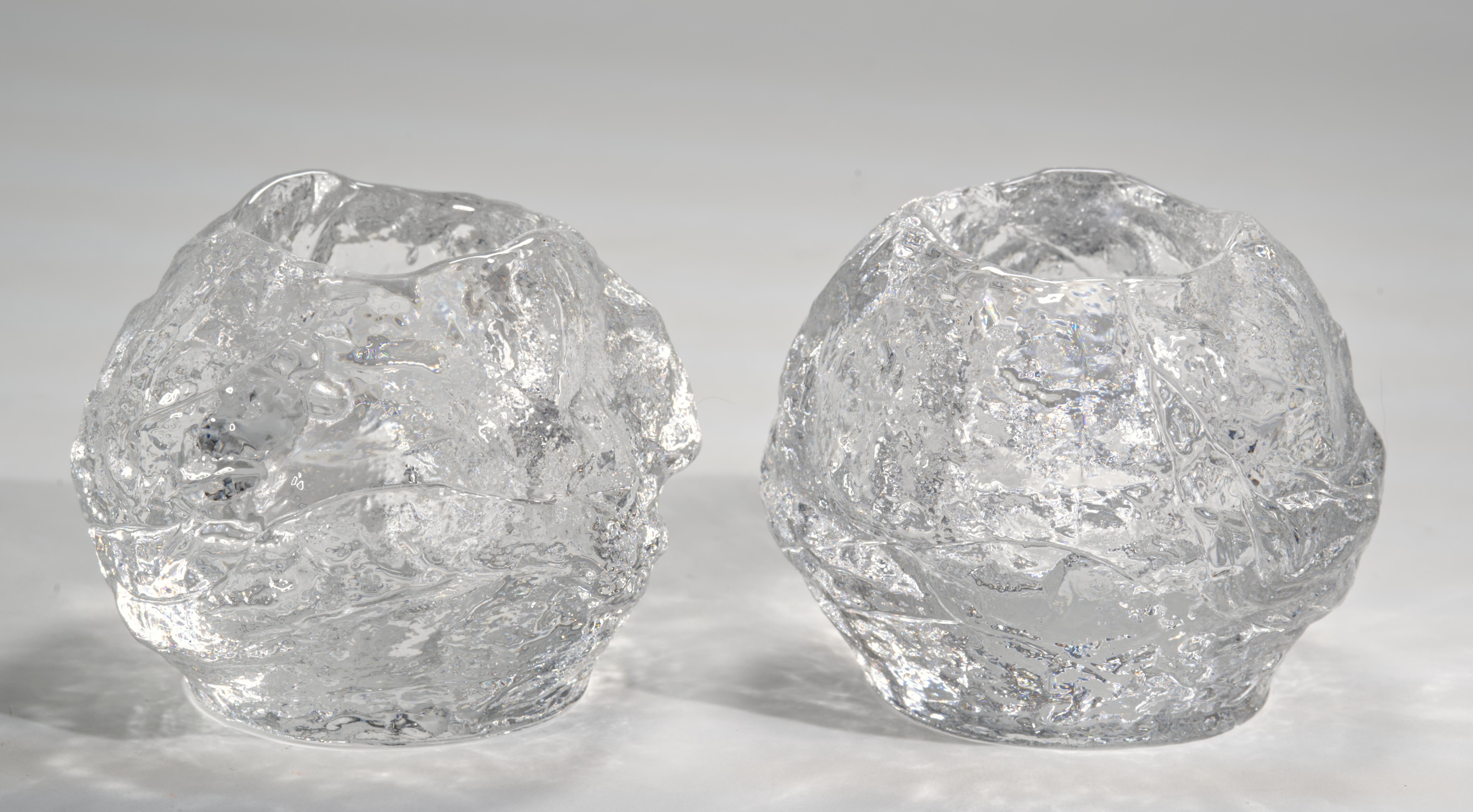 Polished Pair of Crystal Candle Holders Scandinavian Modern Kosta Boda Style For Sale