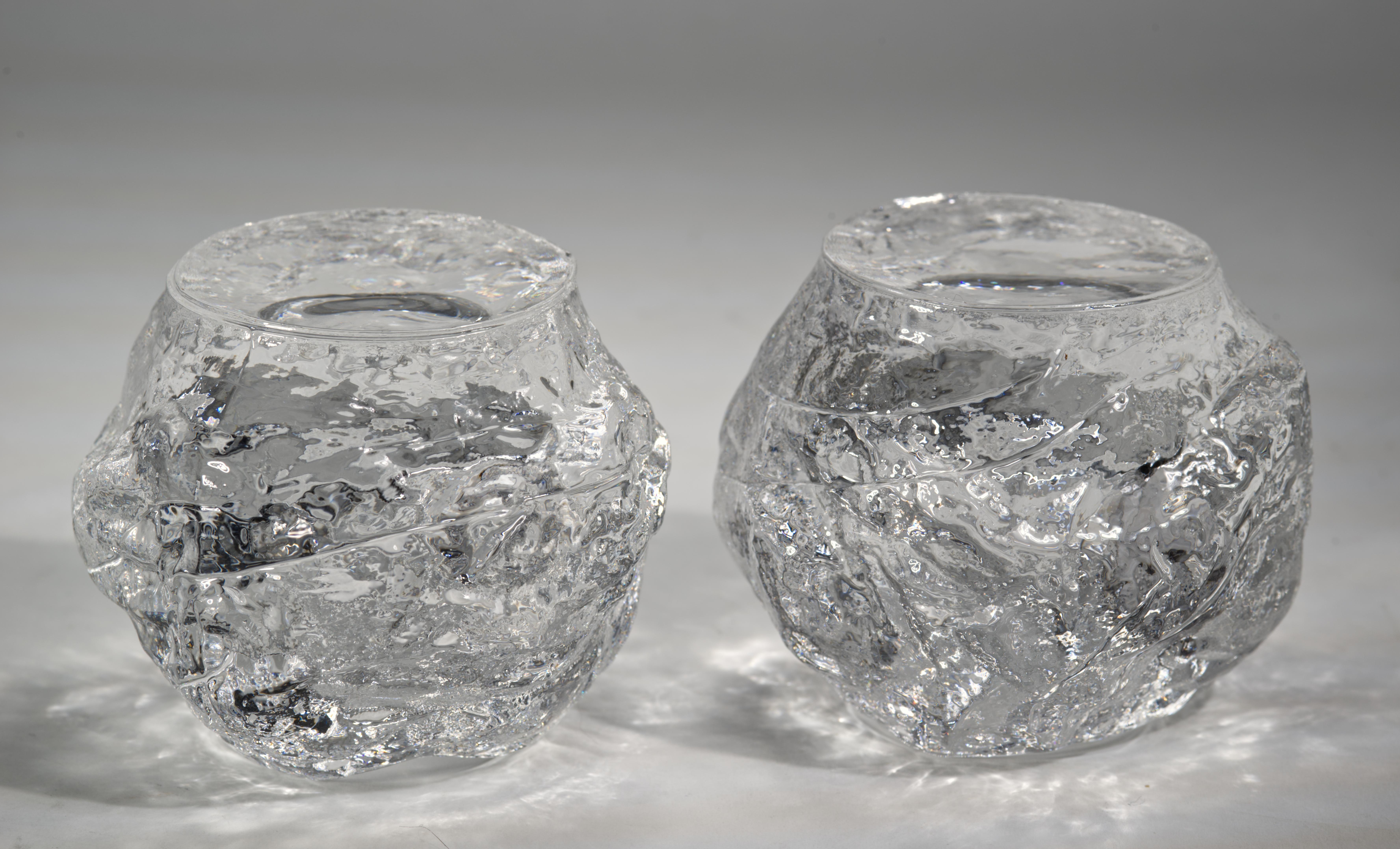 Pair of Crystal Candle Holders Scandinavian Modern Kosta Boda Style In Good Condition For Sale In Clifton Springs, NY