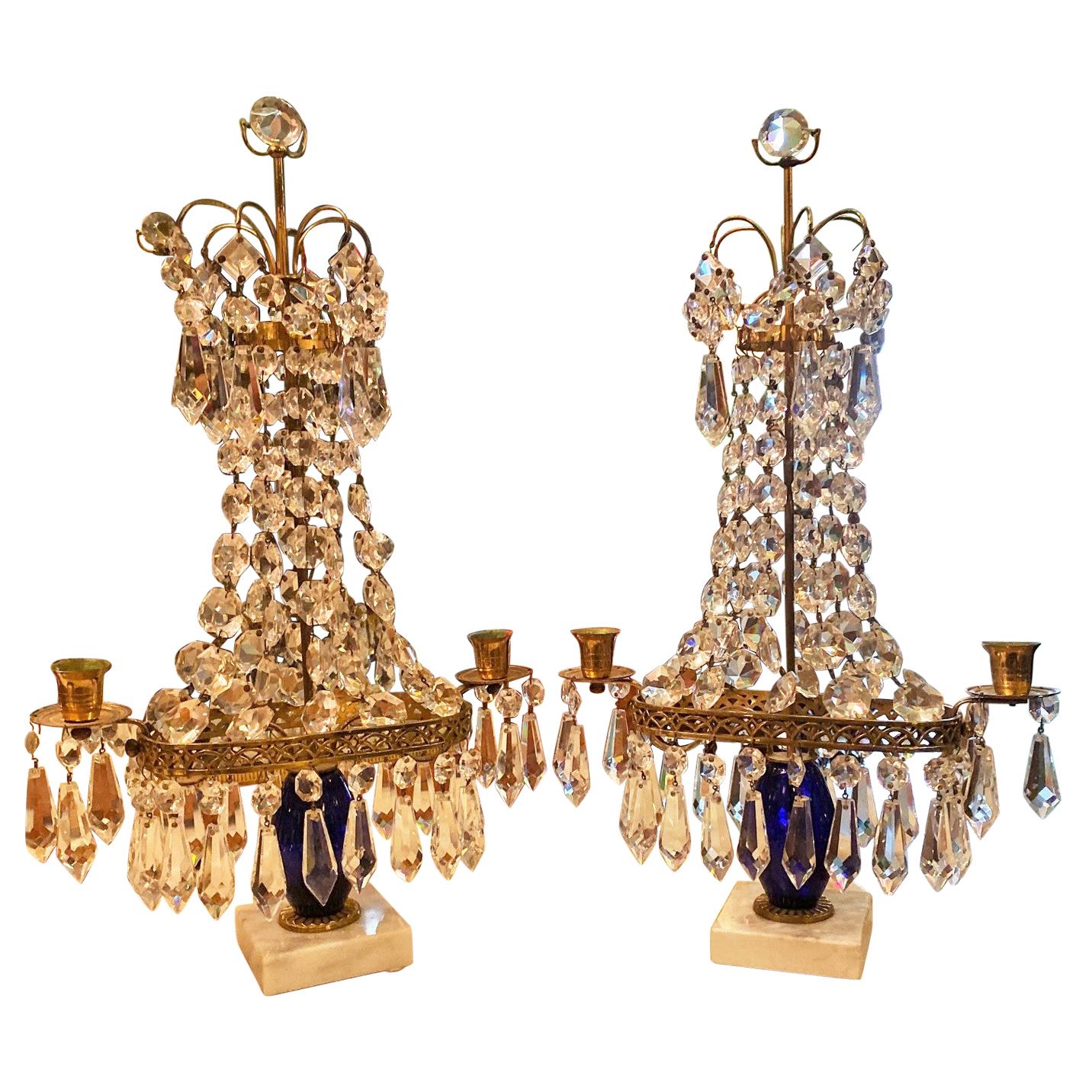 Crystal Cobalt Blue Glass & Gilt Bronze Light Candleholder Girandoles candelabra . A Very Exquisite pair of late 19th century Swedish cut-glass crystal Girandole candelabra. Mounted on white marble stone base candleholders. The reflection of the