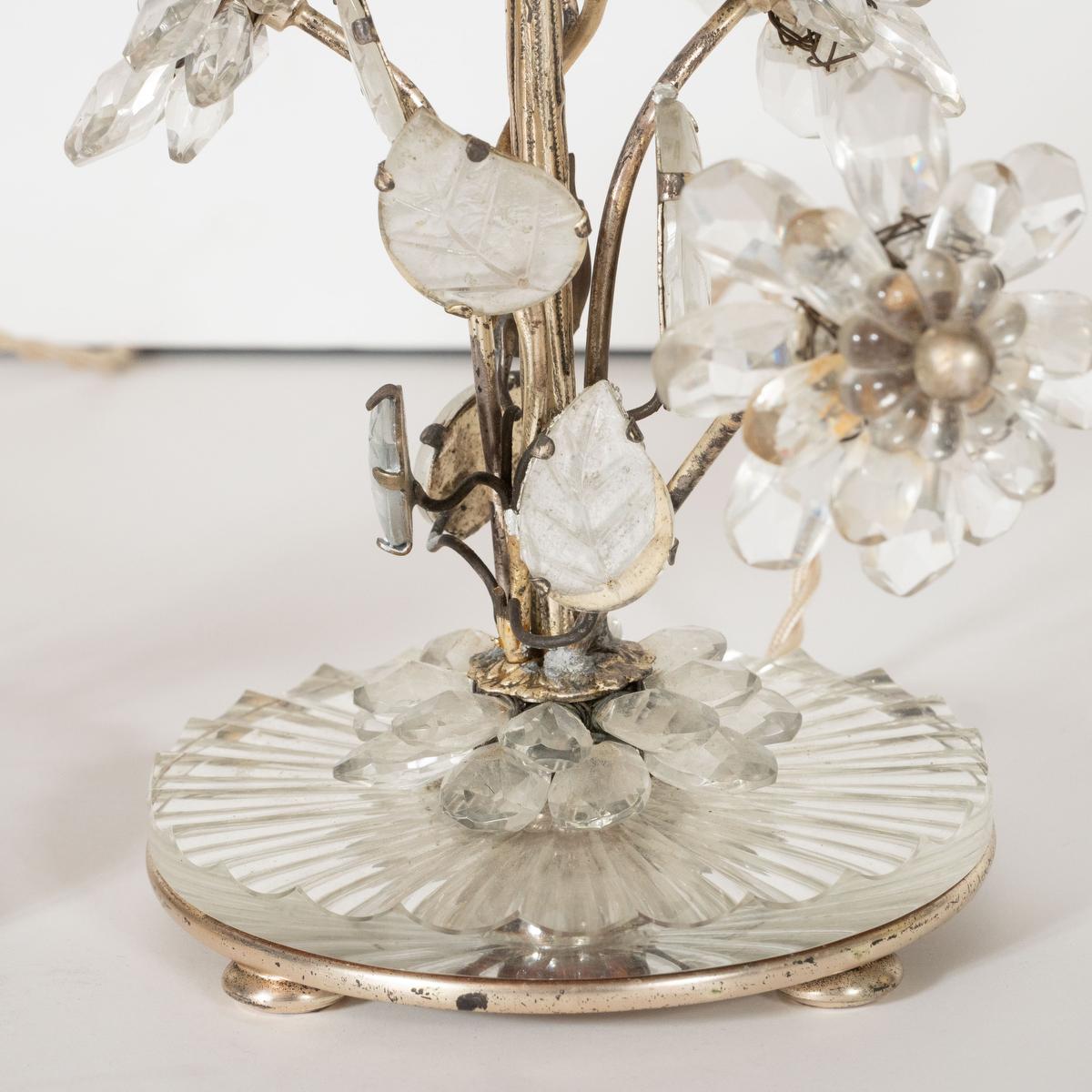 Brass Pair of Crystal Floral Motif Table Lamps For Sale