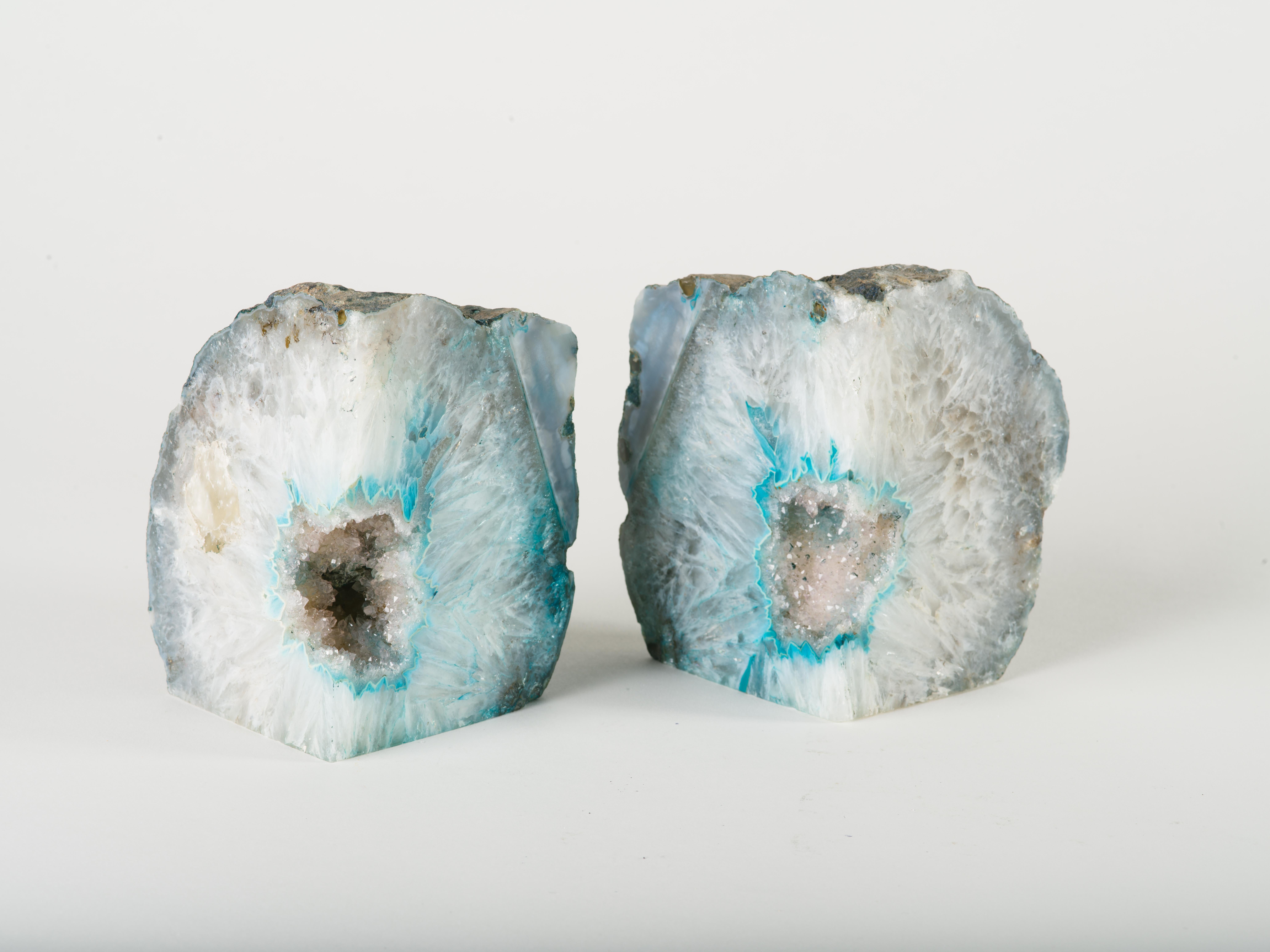 Organic Modern Pair of Crystal Geode Bookends with Hues of Turquoise