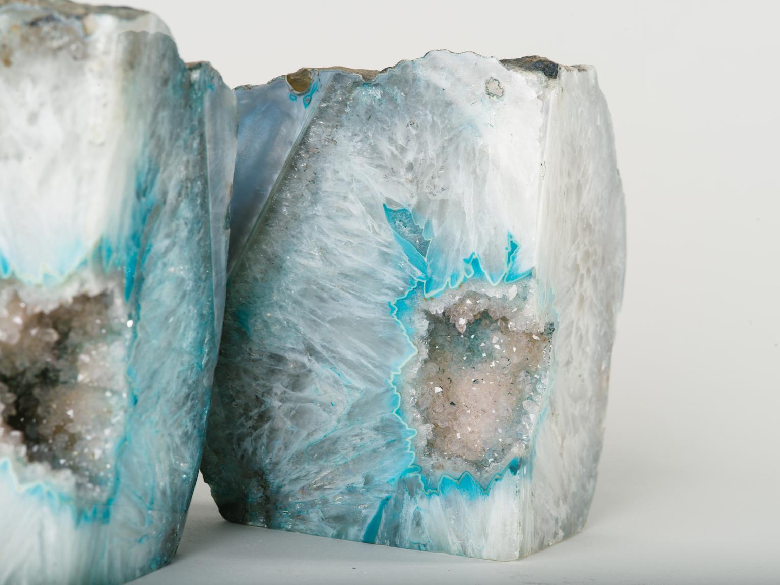 Brazilian Pair of Crystal Geode Bookends with Hues of Turquoise