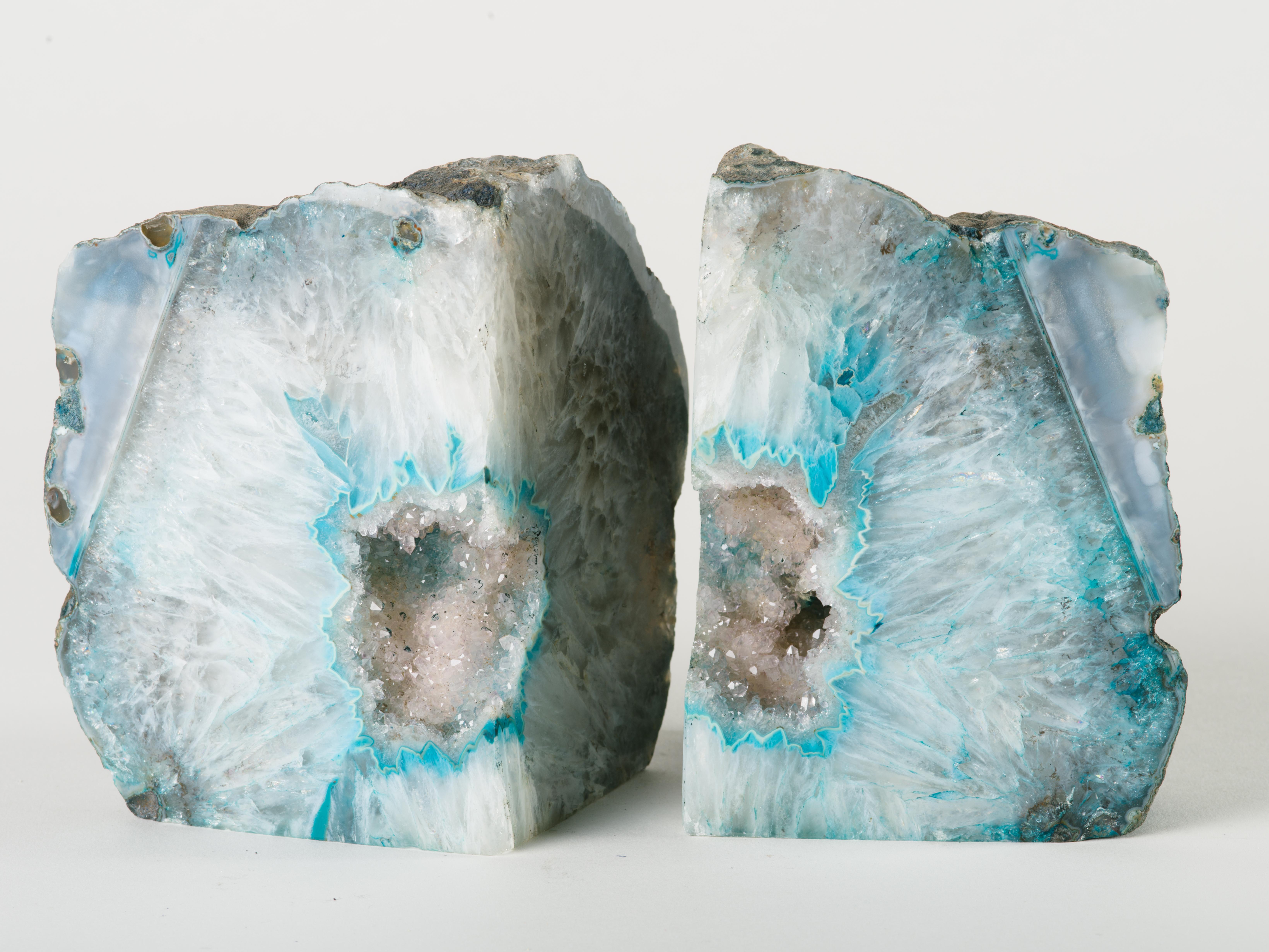 Pair of Crystal Geode Bookends with Hues of Turquoise In Excellent Condition In Fort Lauderdale, FL
