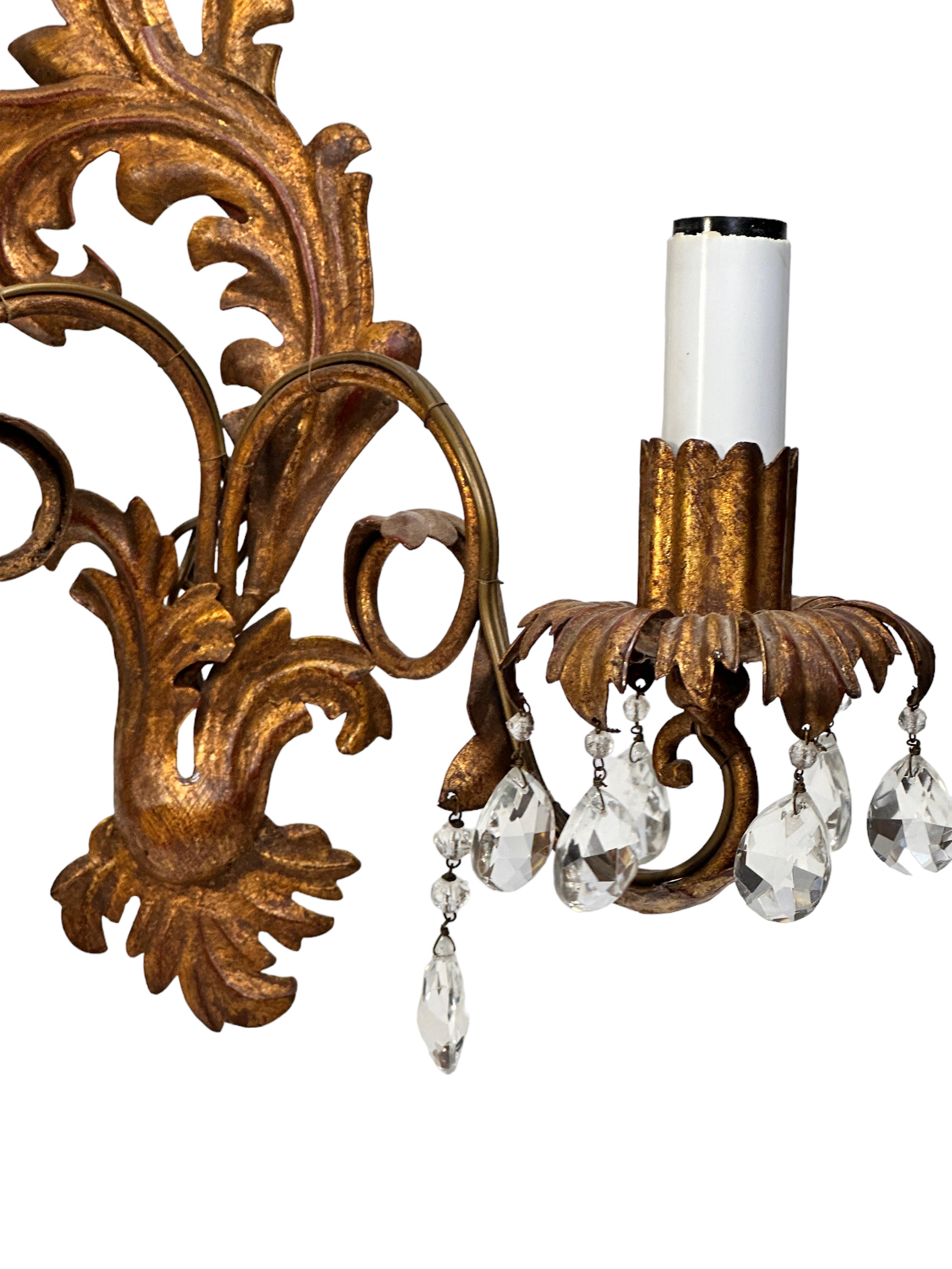 Italian Pair of Crystal Gilt Leaf & Crystal Wall Sconces by Banci Florence, Italy, 1950s For Sale