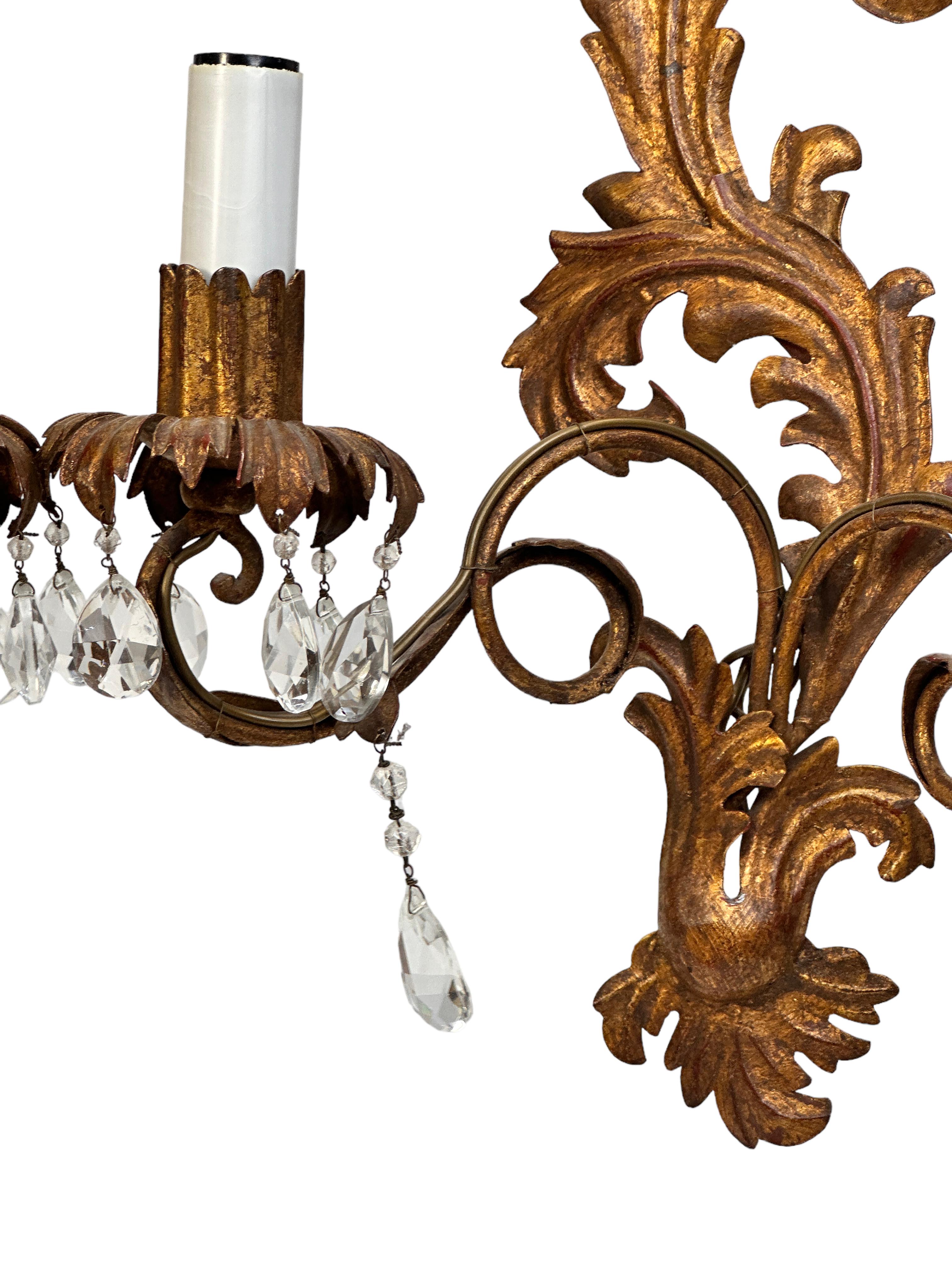 Pair of Crystal Gilt Leaf & Crystal Wall Sconces by Banci Florence, Italy, 1950s In Good Condition For Sale In Nuernberg, DE