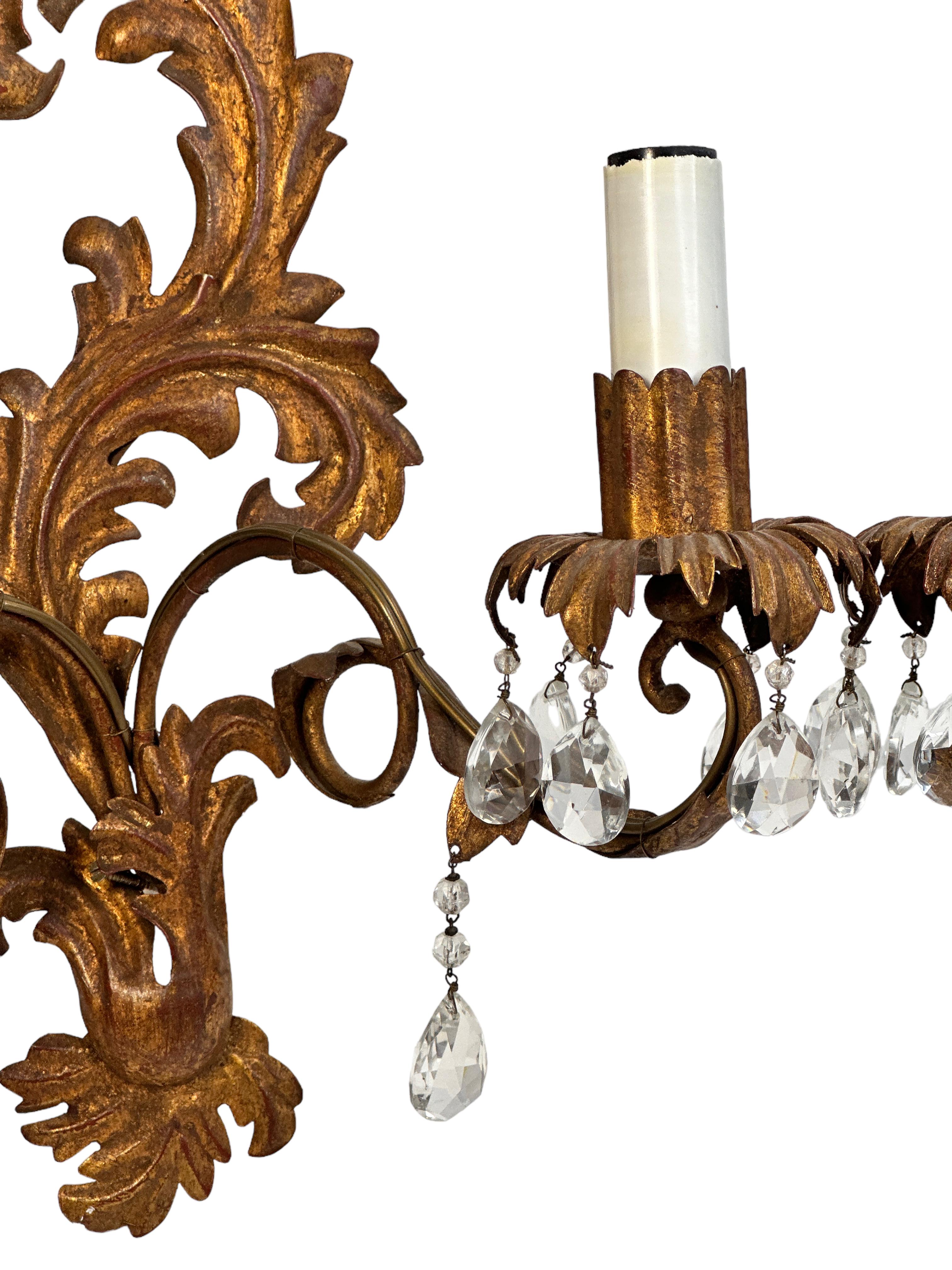 Metal Pair of Crystal Gilt Leaf & Crystal Wall Sconces by Banci Florence, Italy, 1950s For Sale