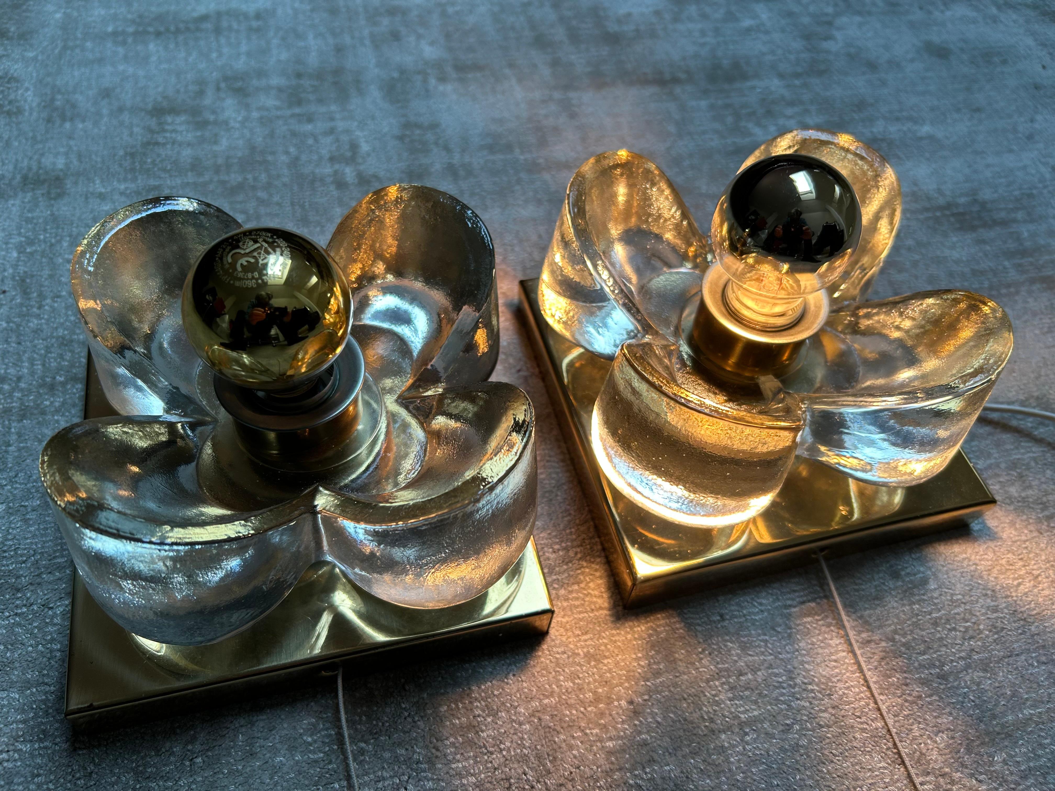 Tedesco Pair of Crystal-Glass and Brass Sconces by SiSCHE, Germany, 1970's in vendita