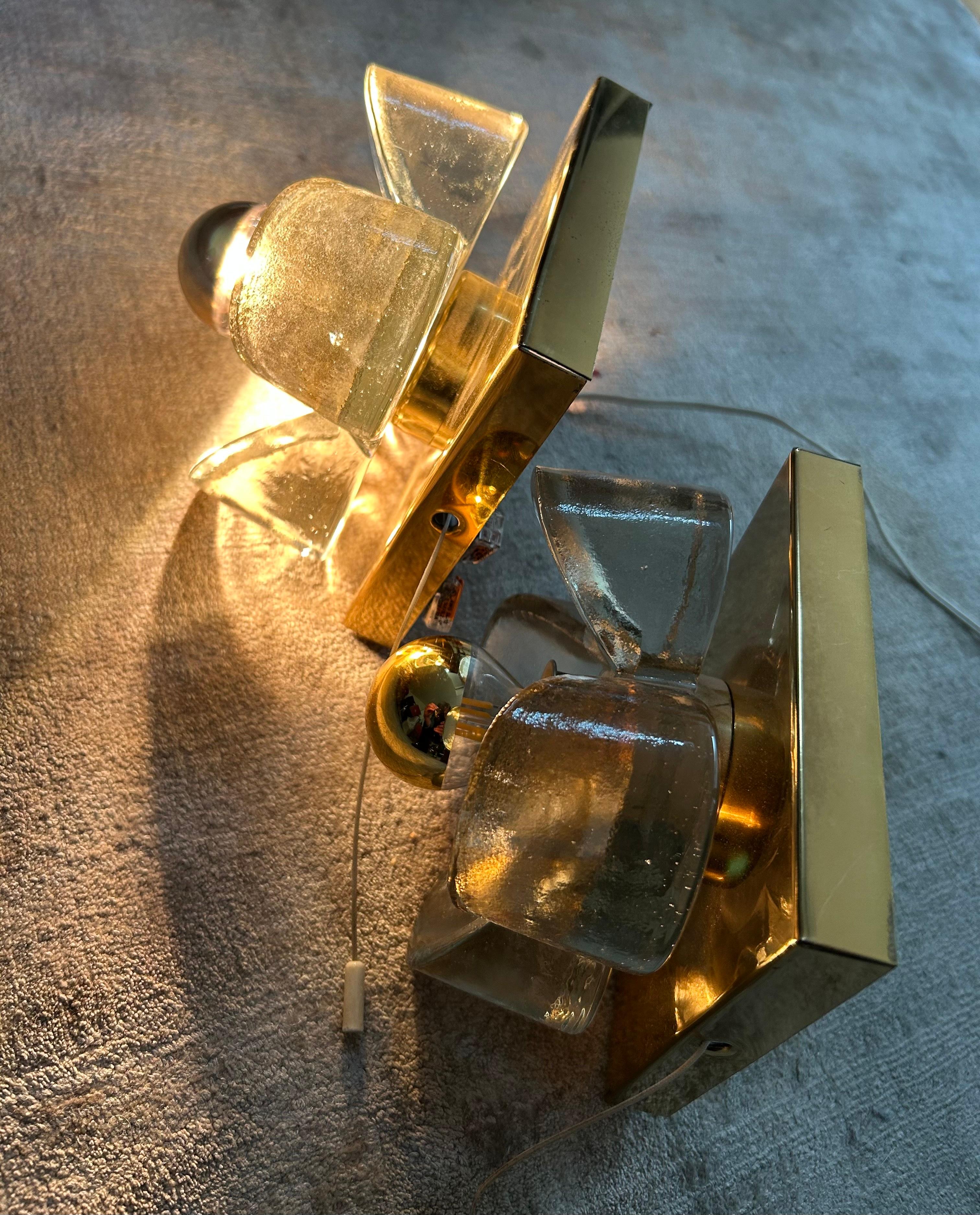 Ottone Pair of Crystal-Glass and Brass Sconces by SiSCHE, Germany, 1970's in vendita