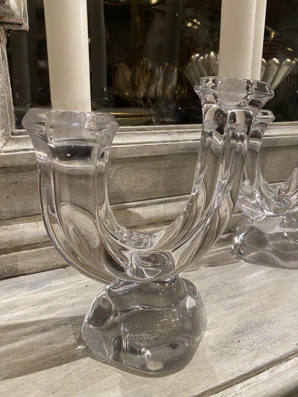 French Pair of Crystal Glass Art Vannes Candlesticks-1960s