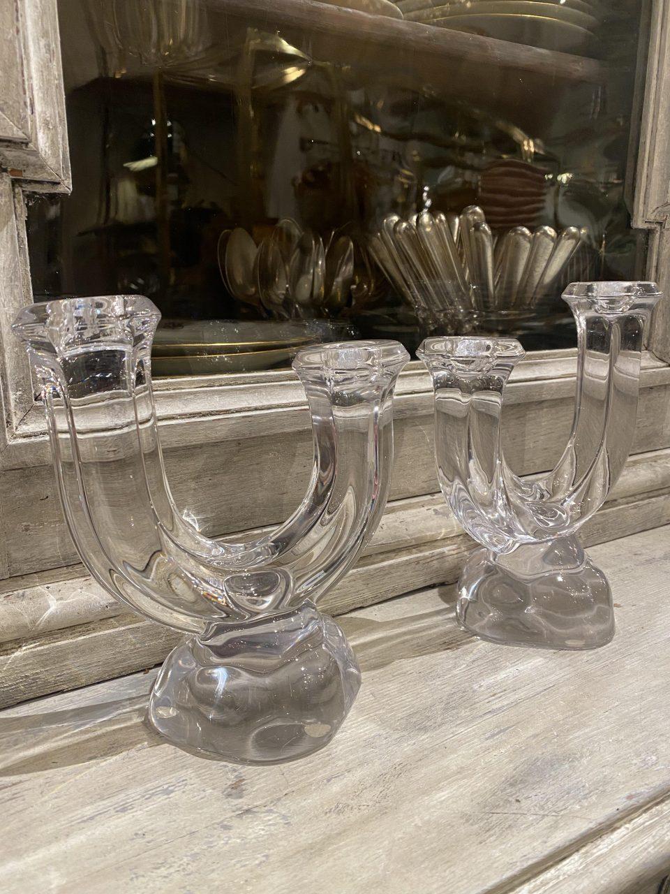 20th Century Pair of Crystal Glass Art Vannes Candlesticks-1960s