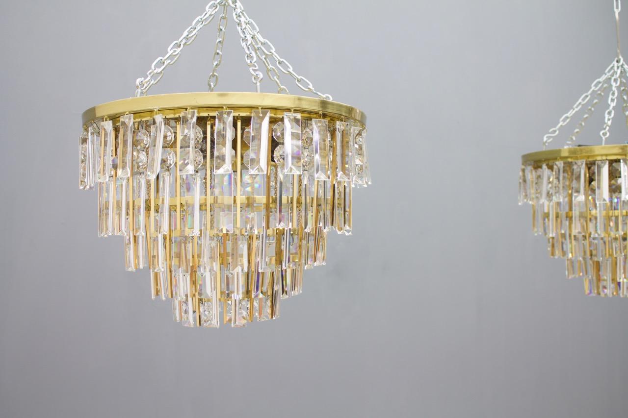 Brass One of Two Crystal Glass Flush Mount Chandelier by Palwa, Germany, 1970s For Sale